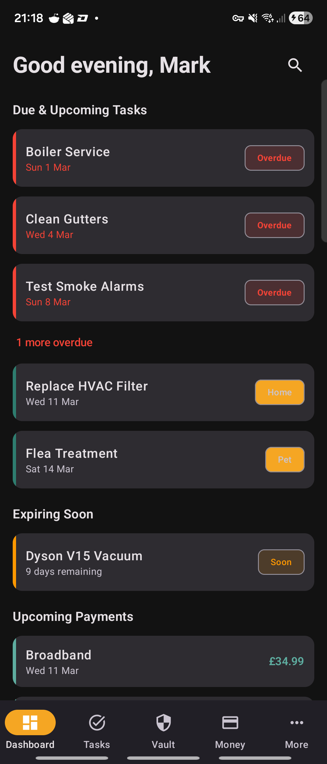Dashboard showing overdue, today, and upcoming tasks