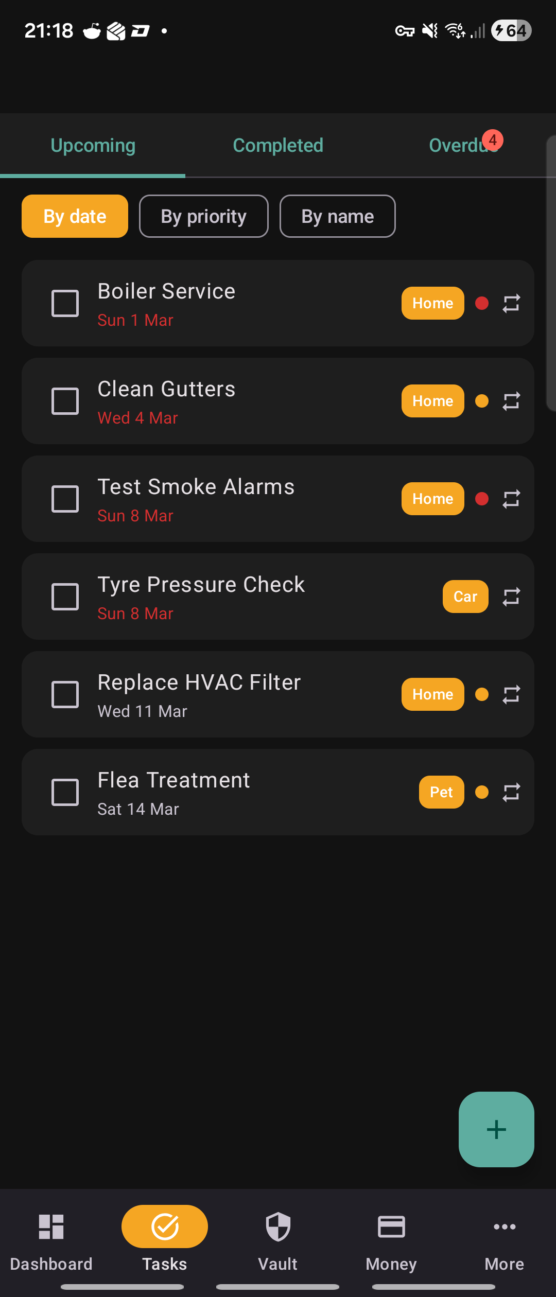 Tasks screen with upcoming and overdue tabs