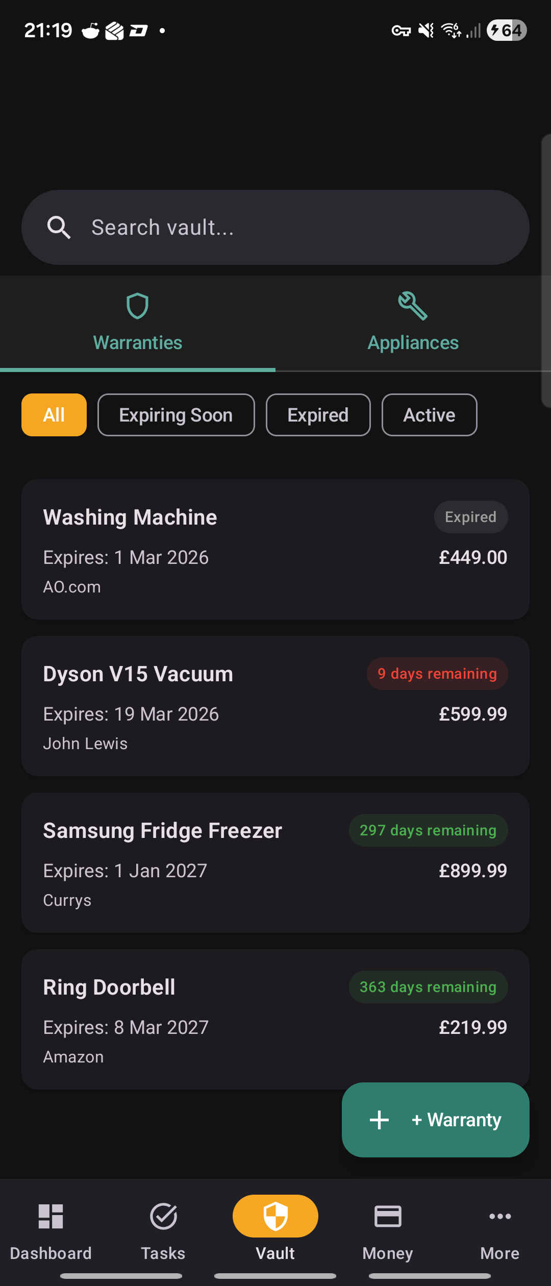 Vault screen showing warranties and appliances