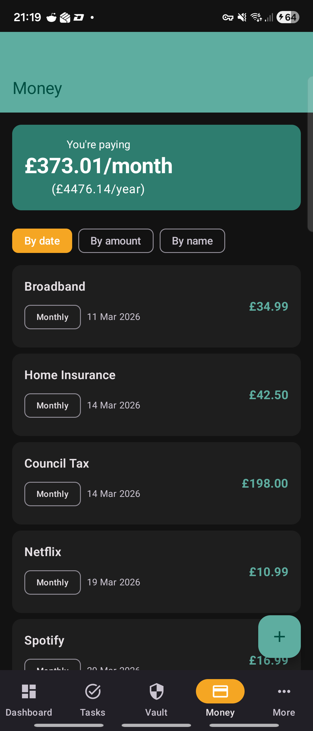 Money screen with subscription costs