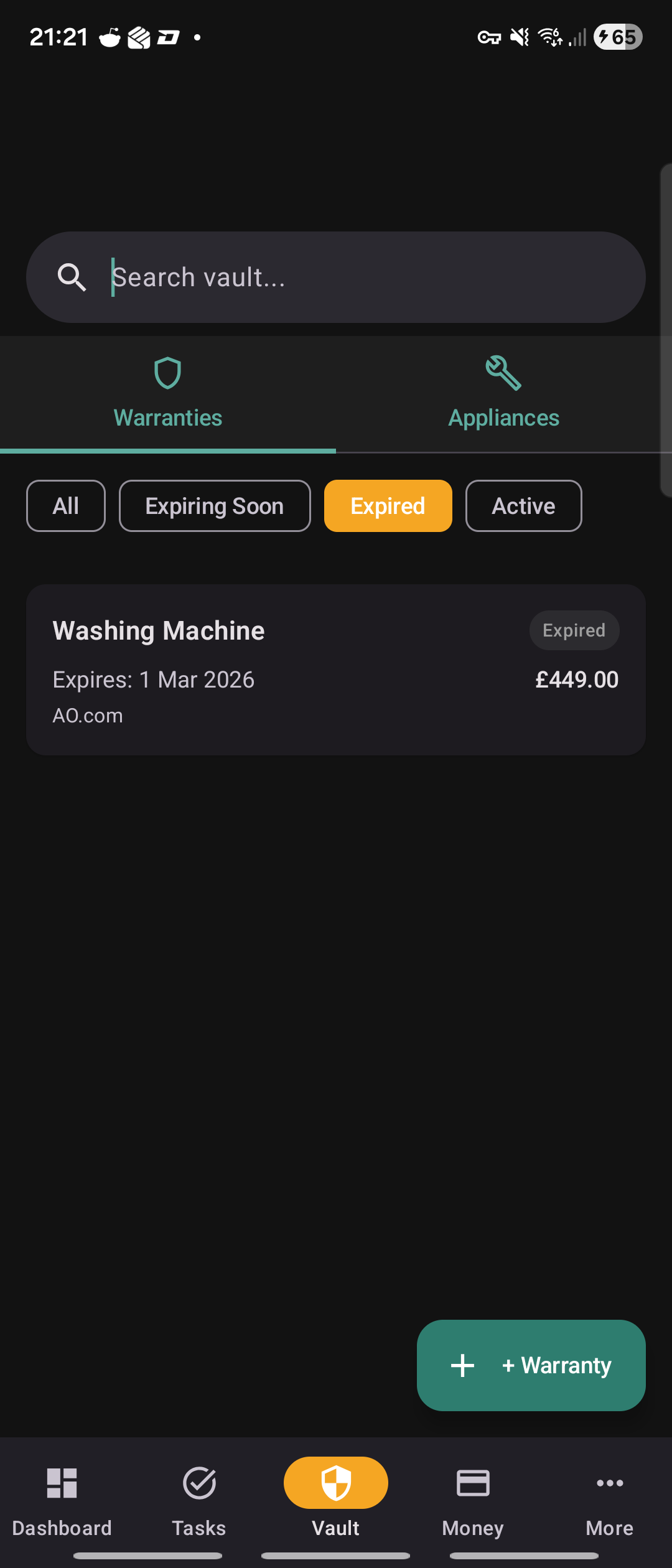 Warranty edit screen with claim info