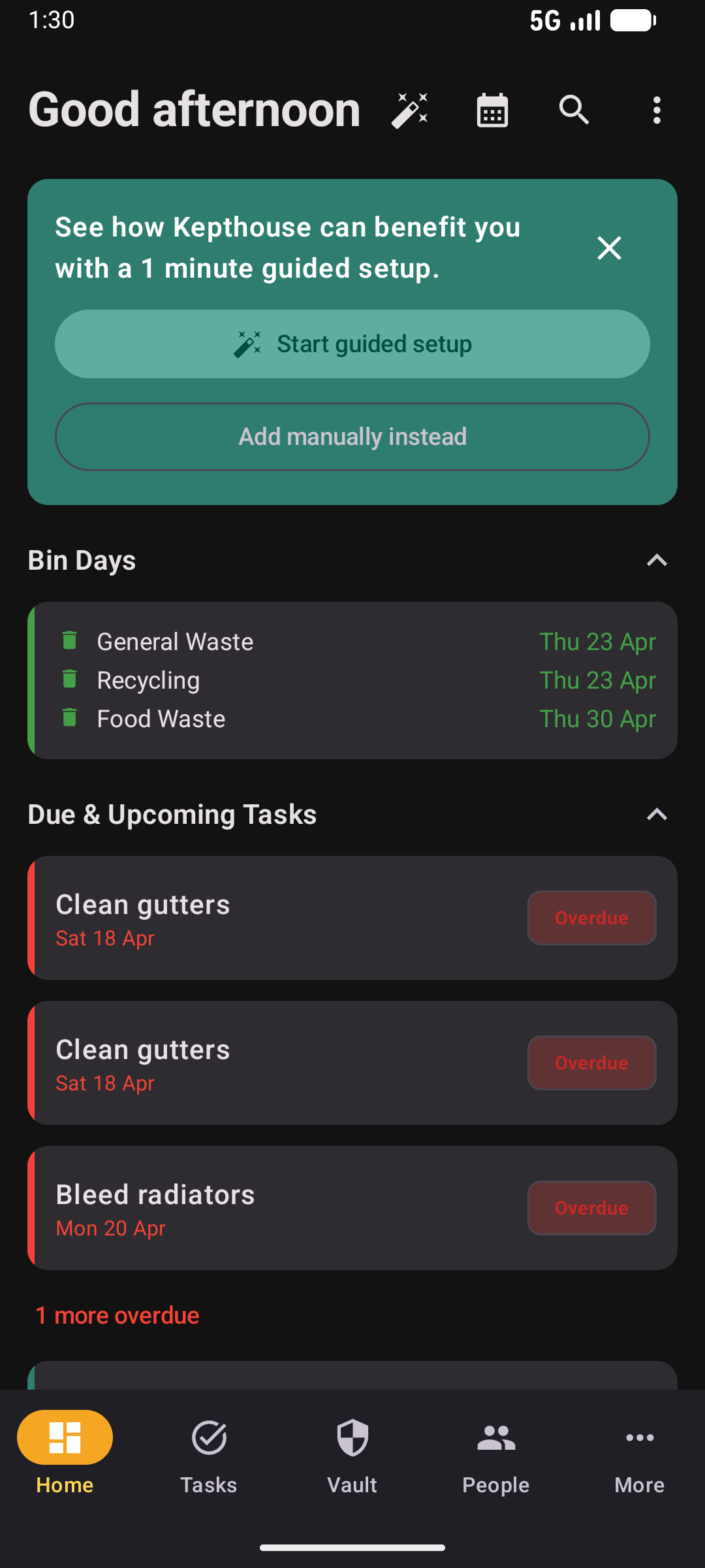 Dashboard in dark mode showing bin days, overdue tasks, and upcoming reminders