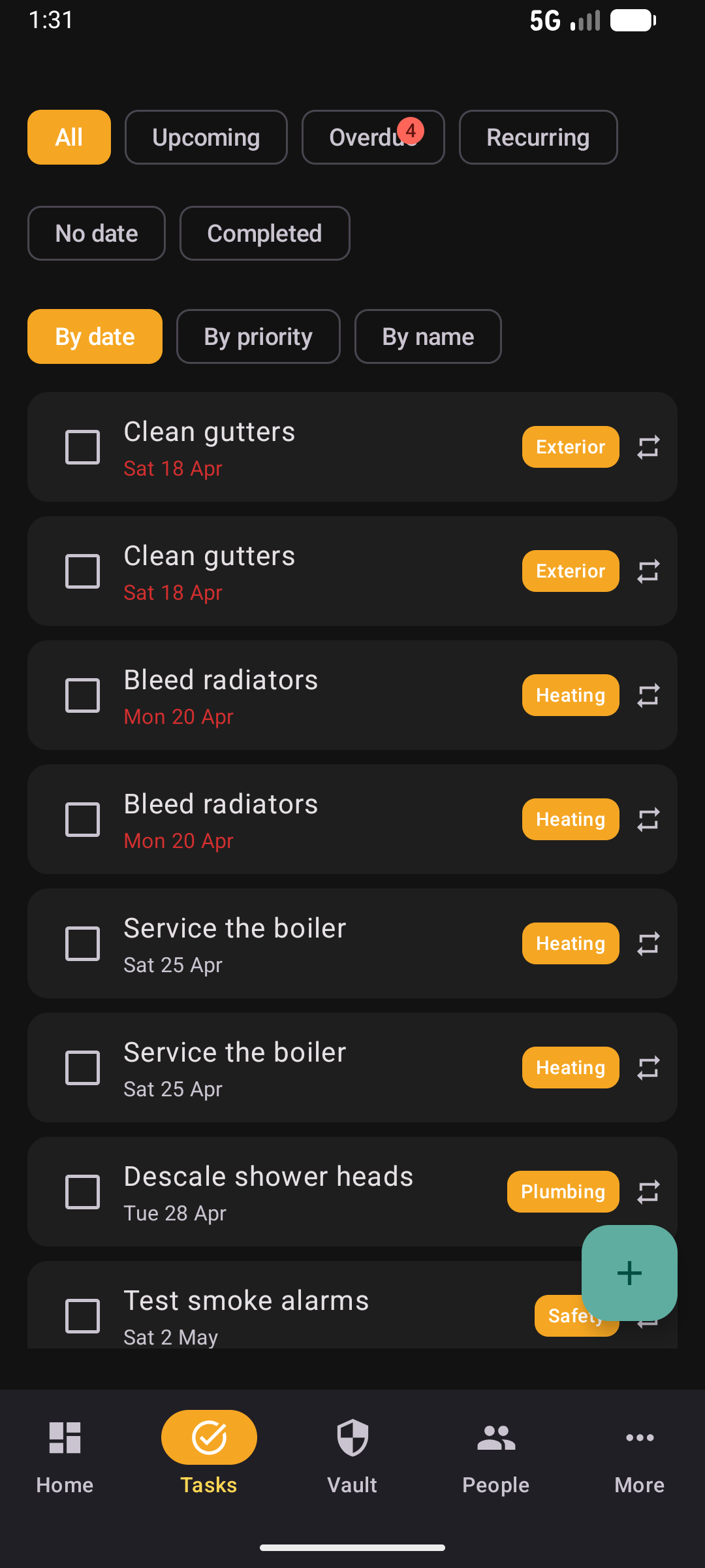 Tasks list in dark mode with filters and category chips