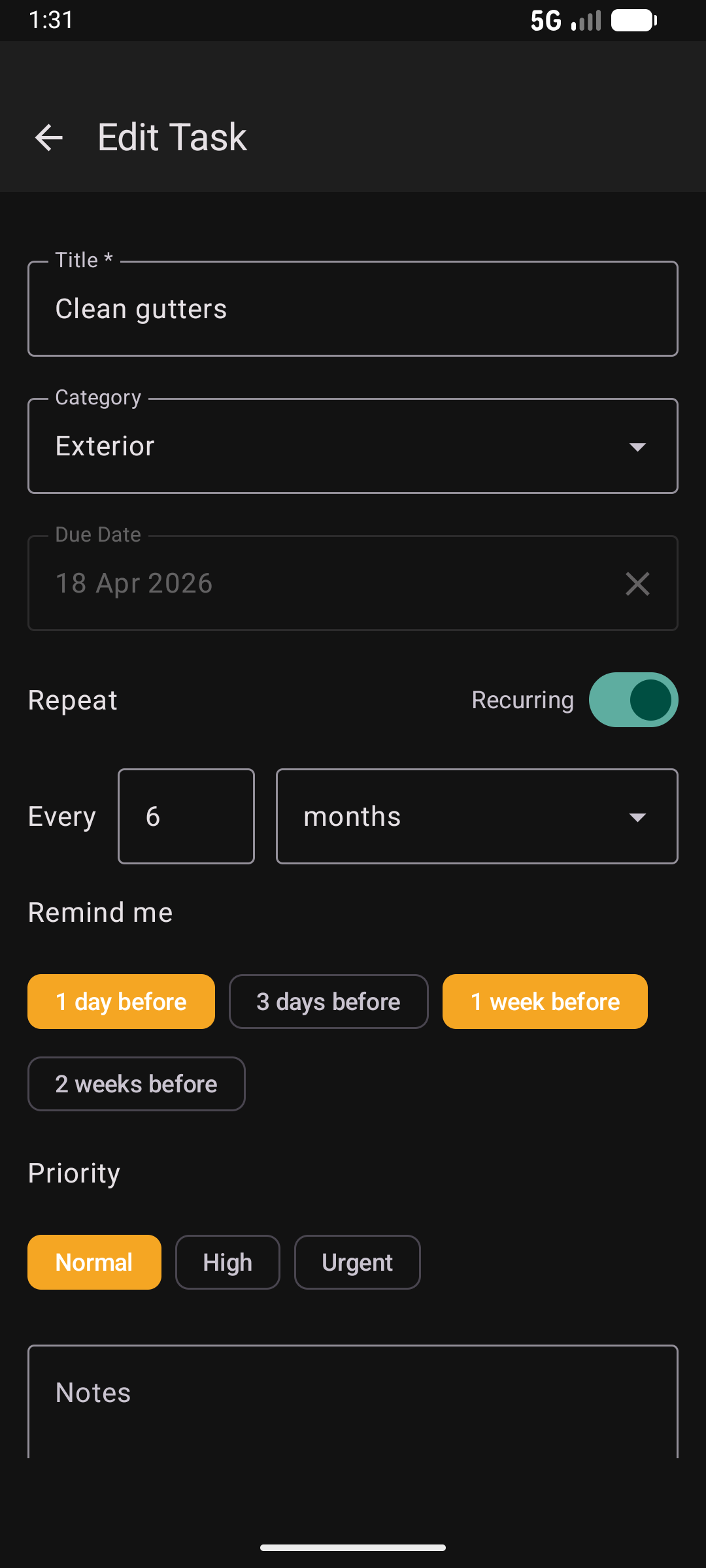 Task edit screen in dark mode with recurrence, reminders, and priority