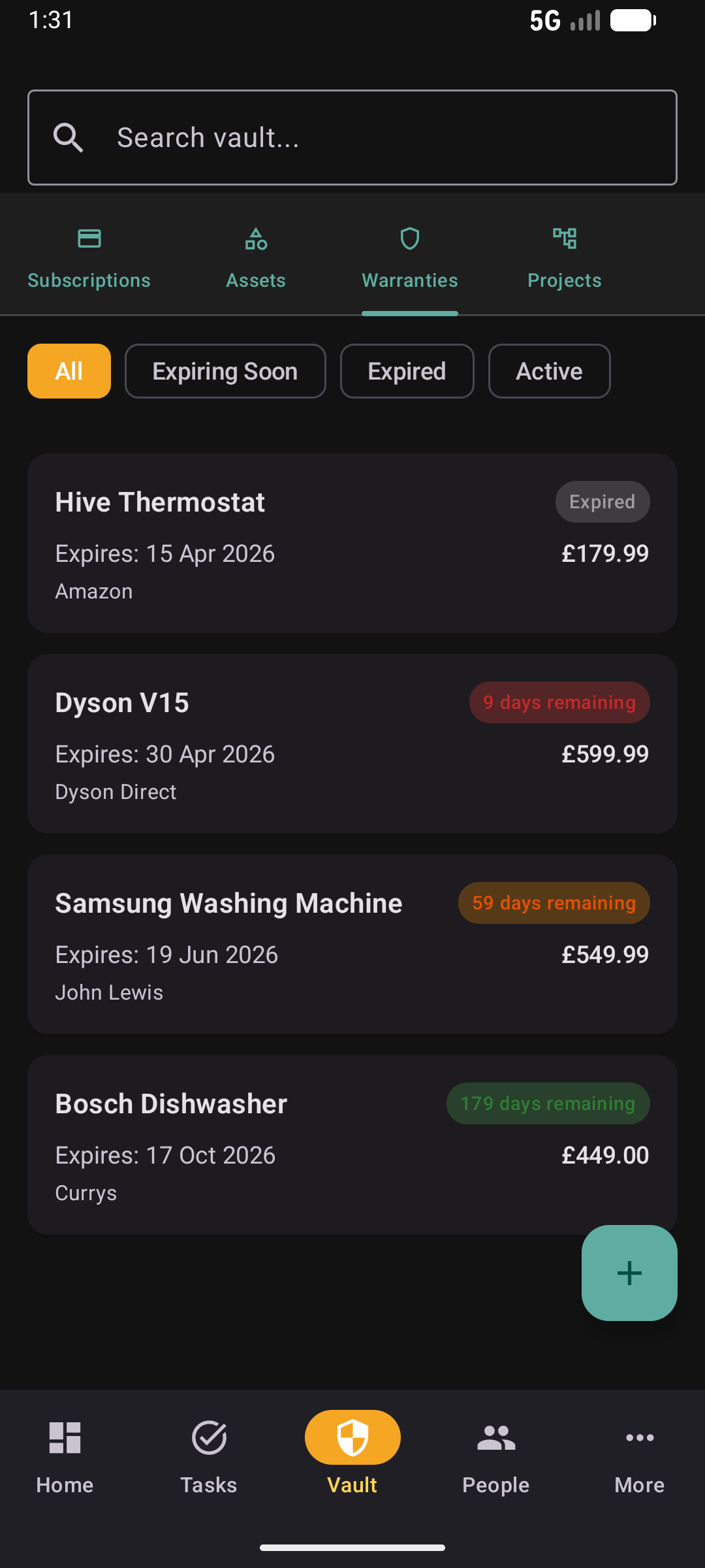Warranties list in dark mode with expiry status badges