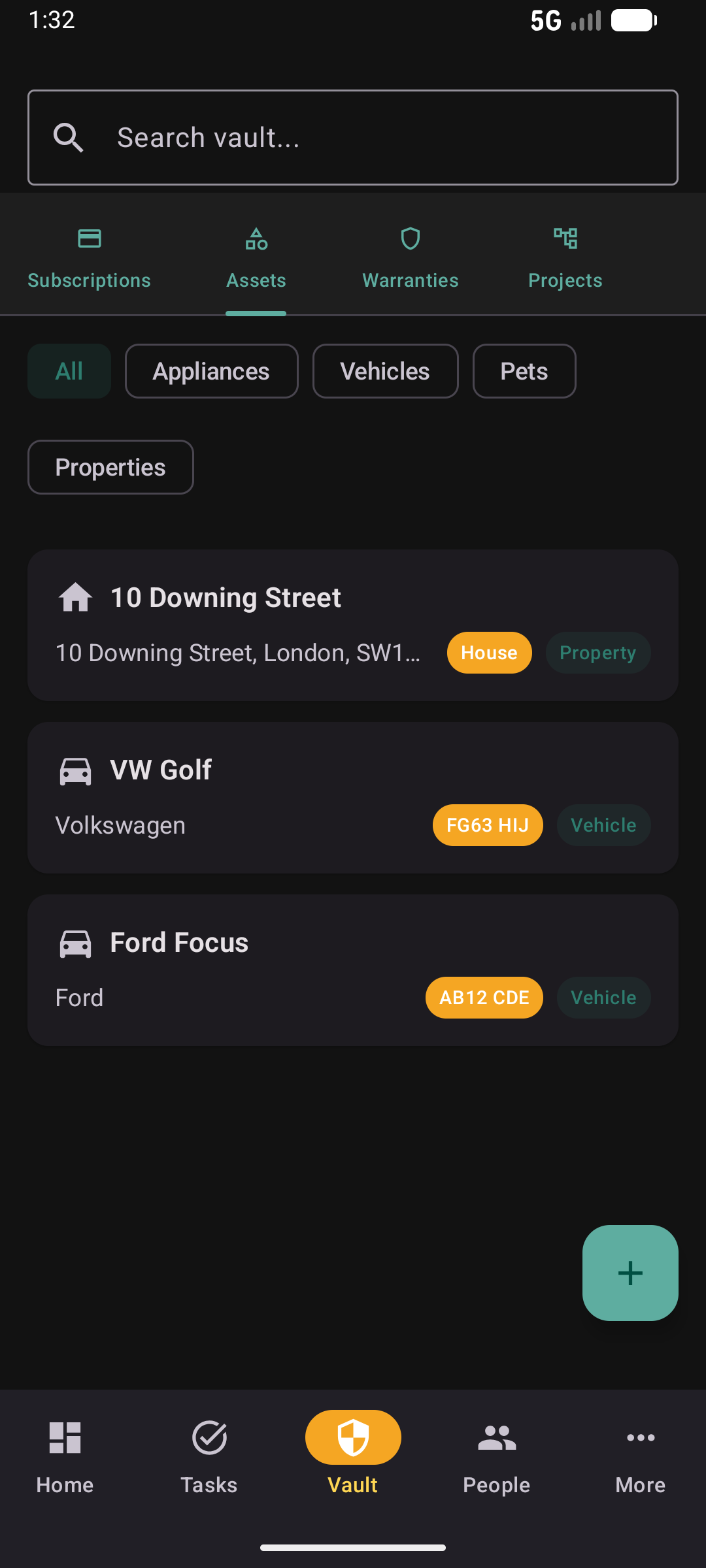 Assets list in dark mode with appliance, vehicle, and property chips