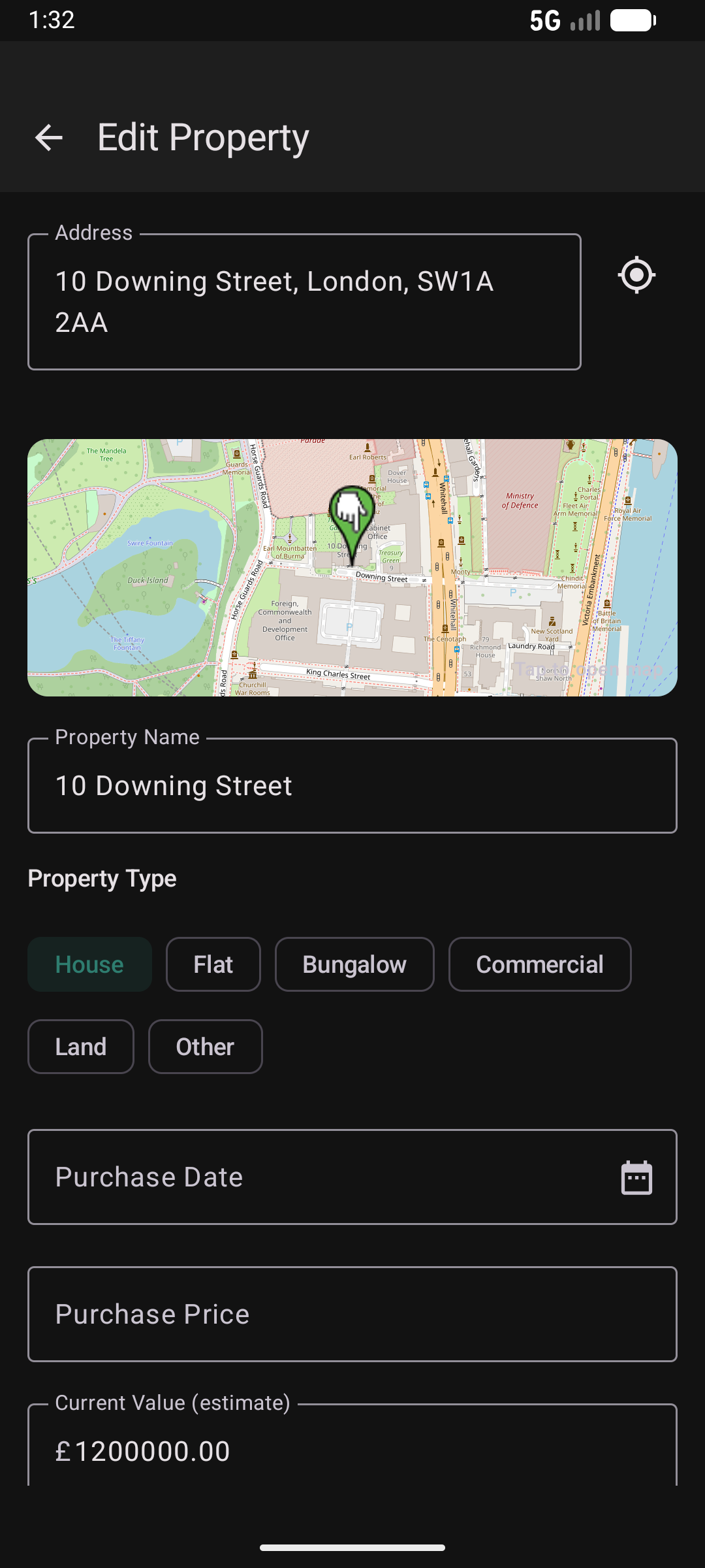 Property edit screen in dark mode showing OpenStreetMap pin
