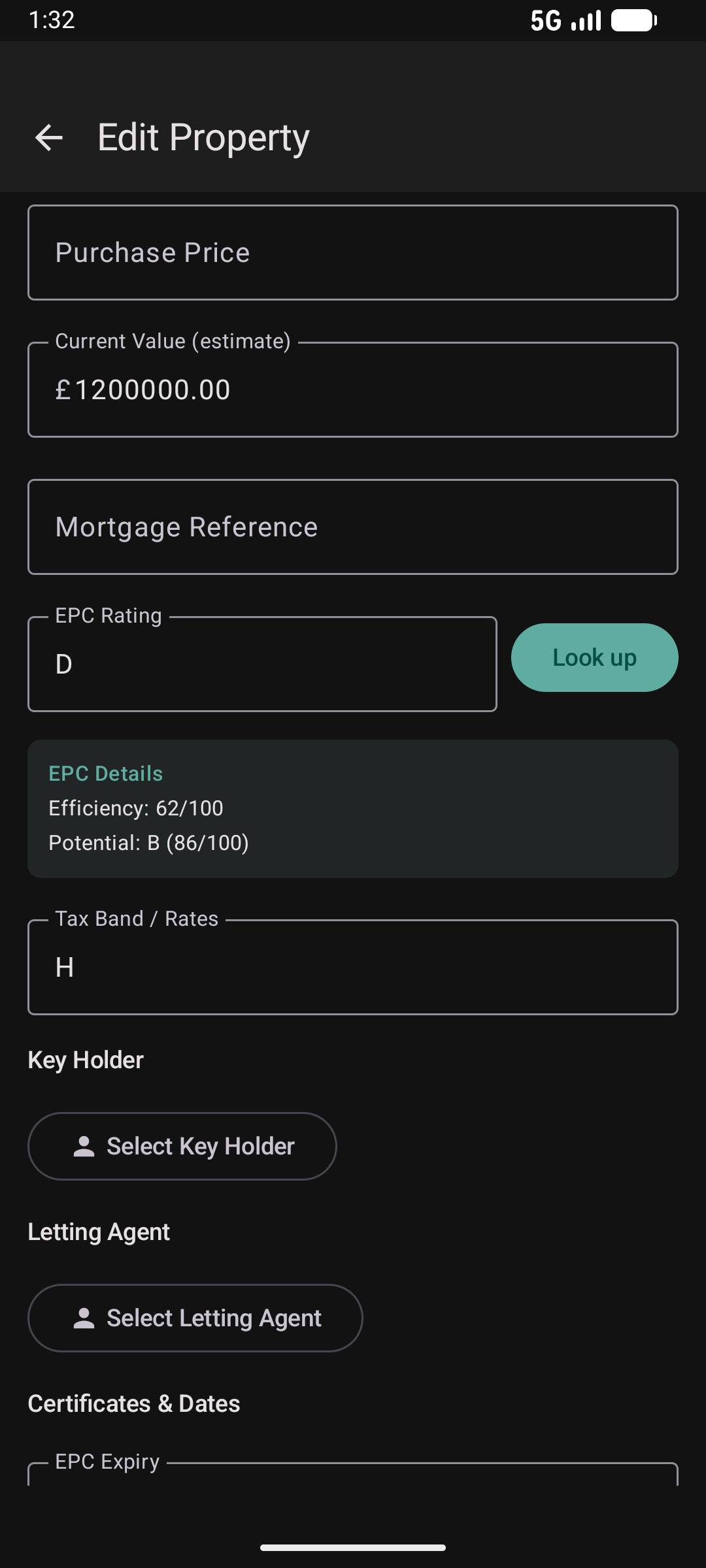 Property EPC details in dark mode showing rating and potential