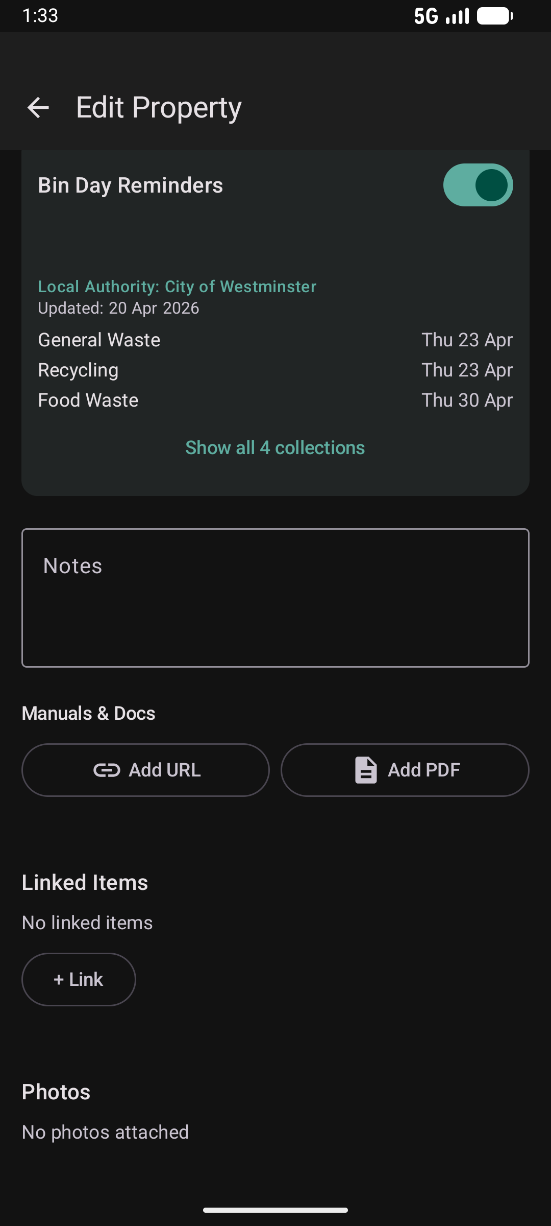 Bin day reminders in dark mode with upcoming collection dates