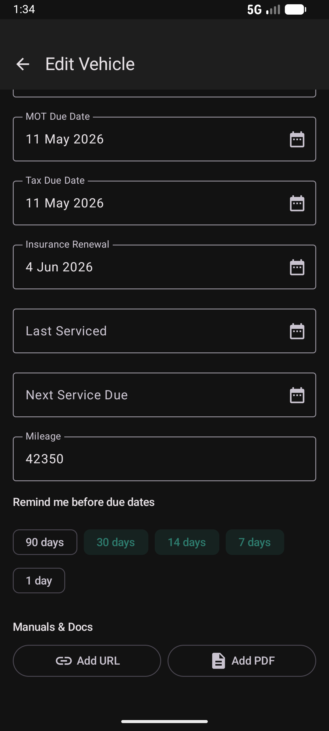 Vehicle MOT, tax, and insurance dates in dark mode