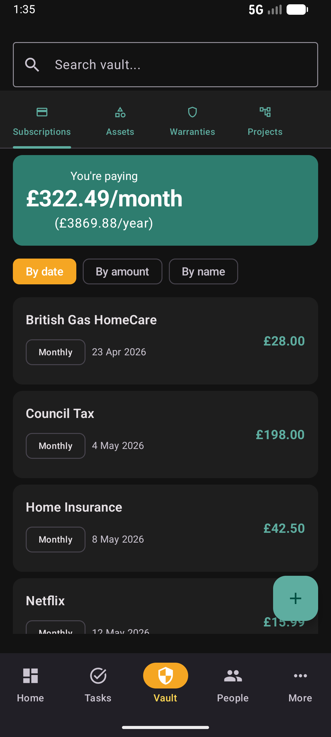 Subscriptions list in dark mode with monthly spend total