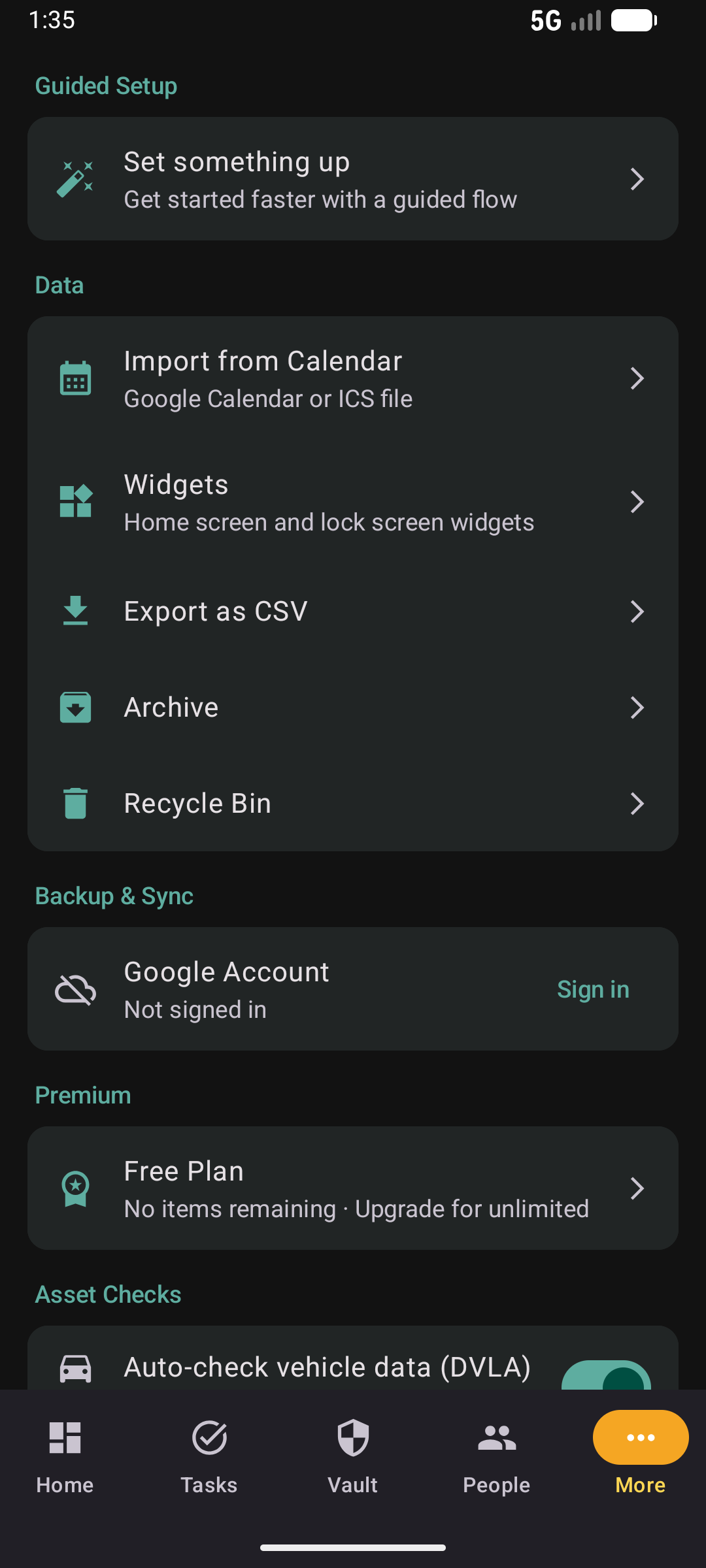 More menu in dark mode with data, backup, and premium options