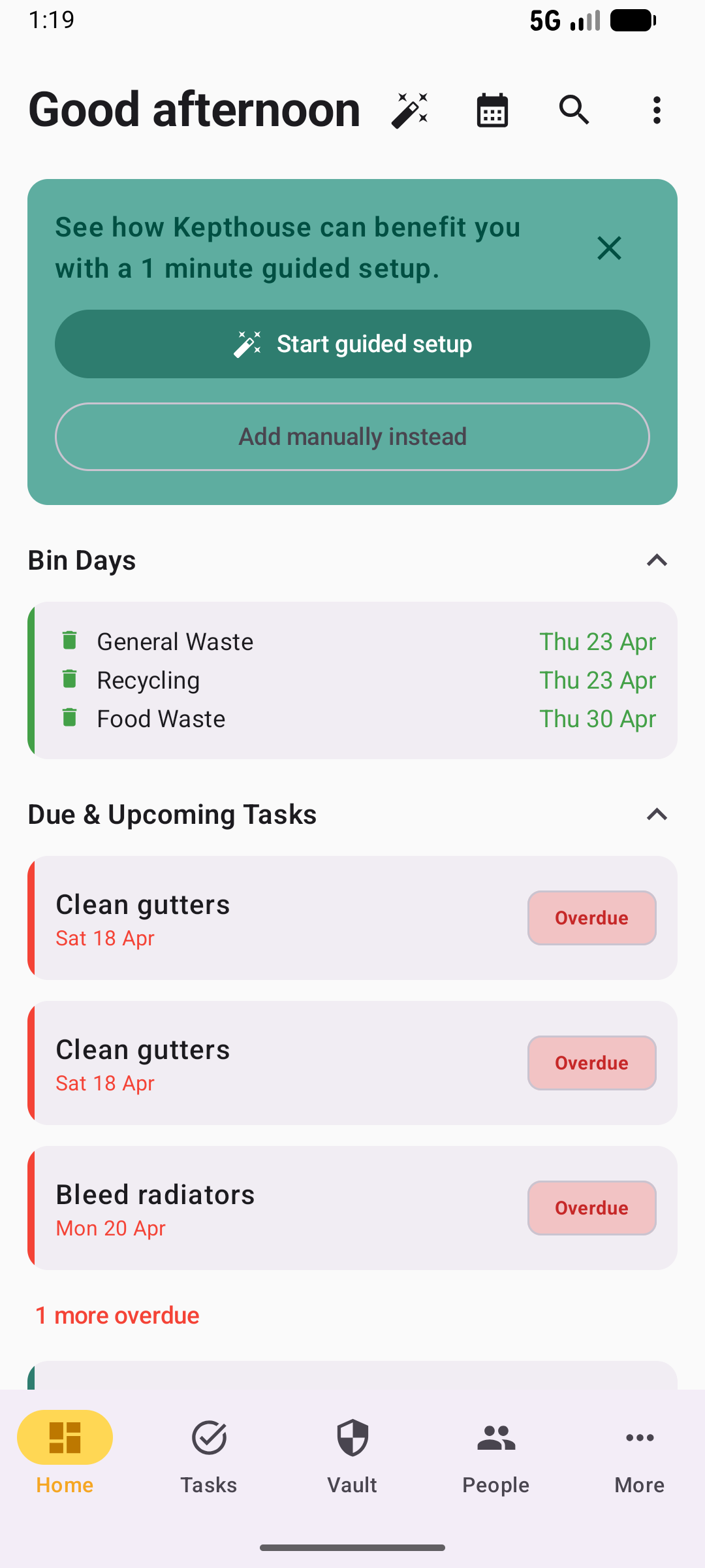 Dashboard in light mode showing bin days, overdue tasks, and upcoming reminders