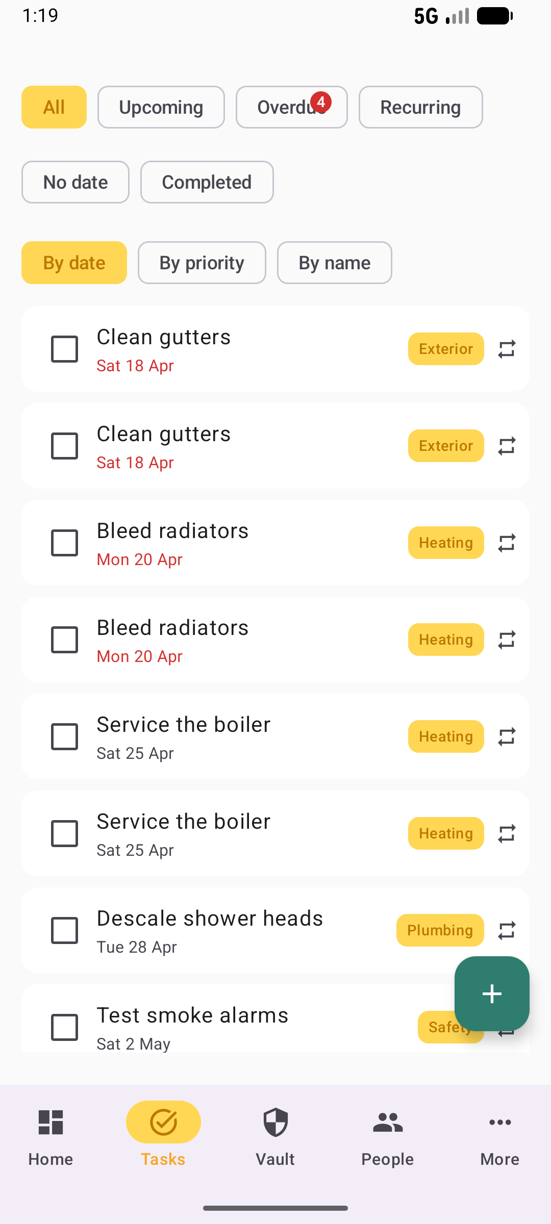 Tasks list in light mode with filters and category chips