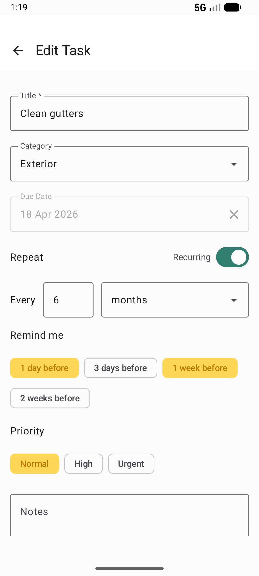 Task edit screen in light mode with recurrence, reminders, and priority