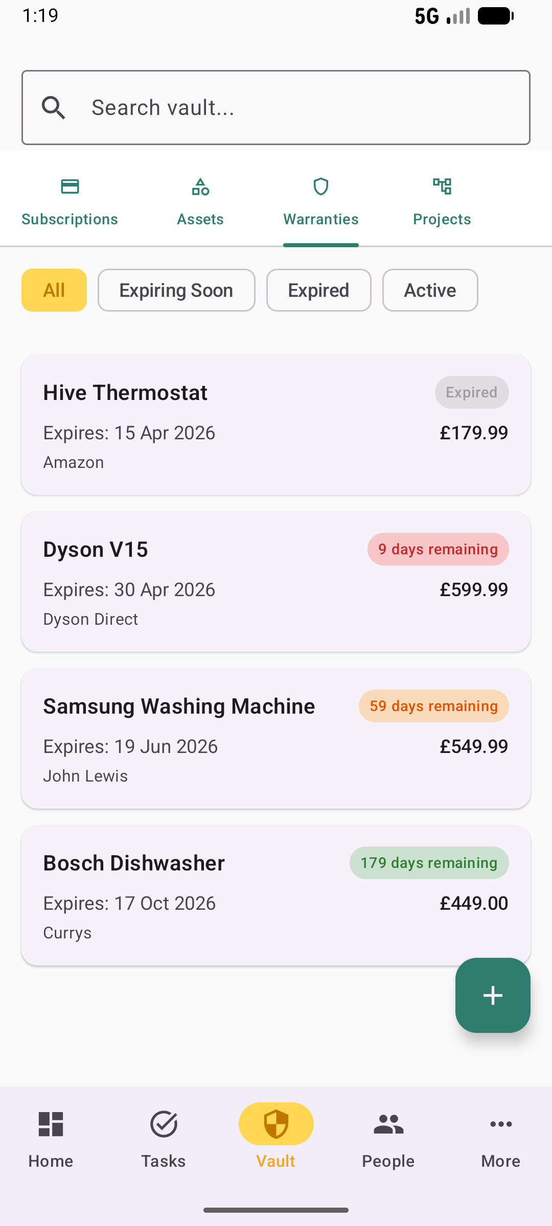 Warranties list in light mode with expiry status badges