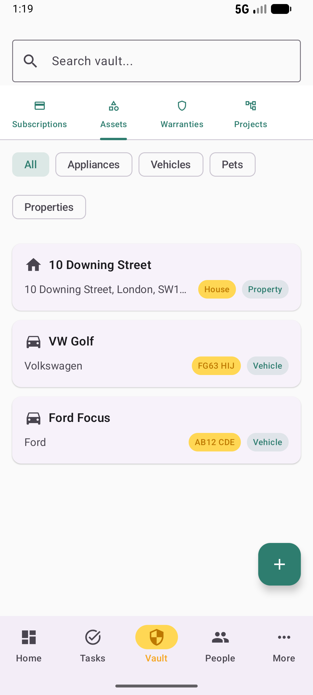Assets list in light mode with appliance, vehicle, and property chips