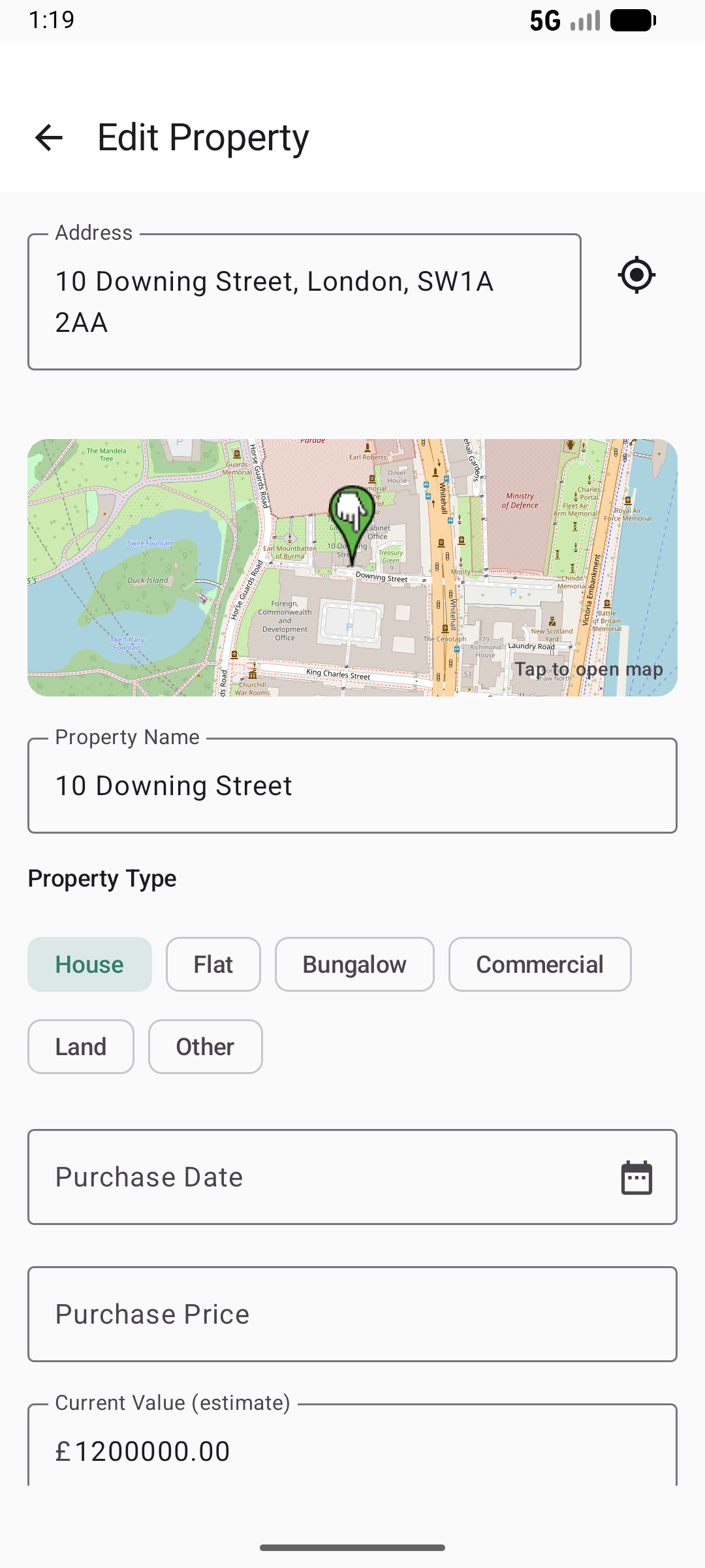 Property edit screen in light mode showing OpenStreetMap pin