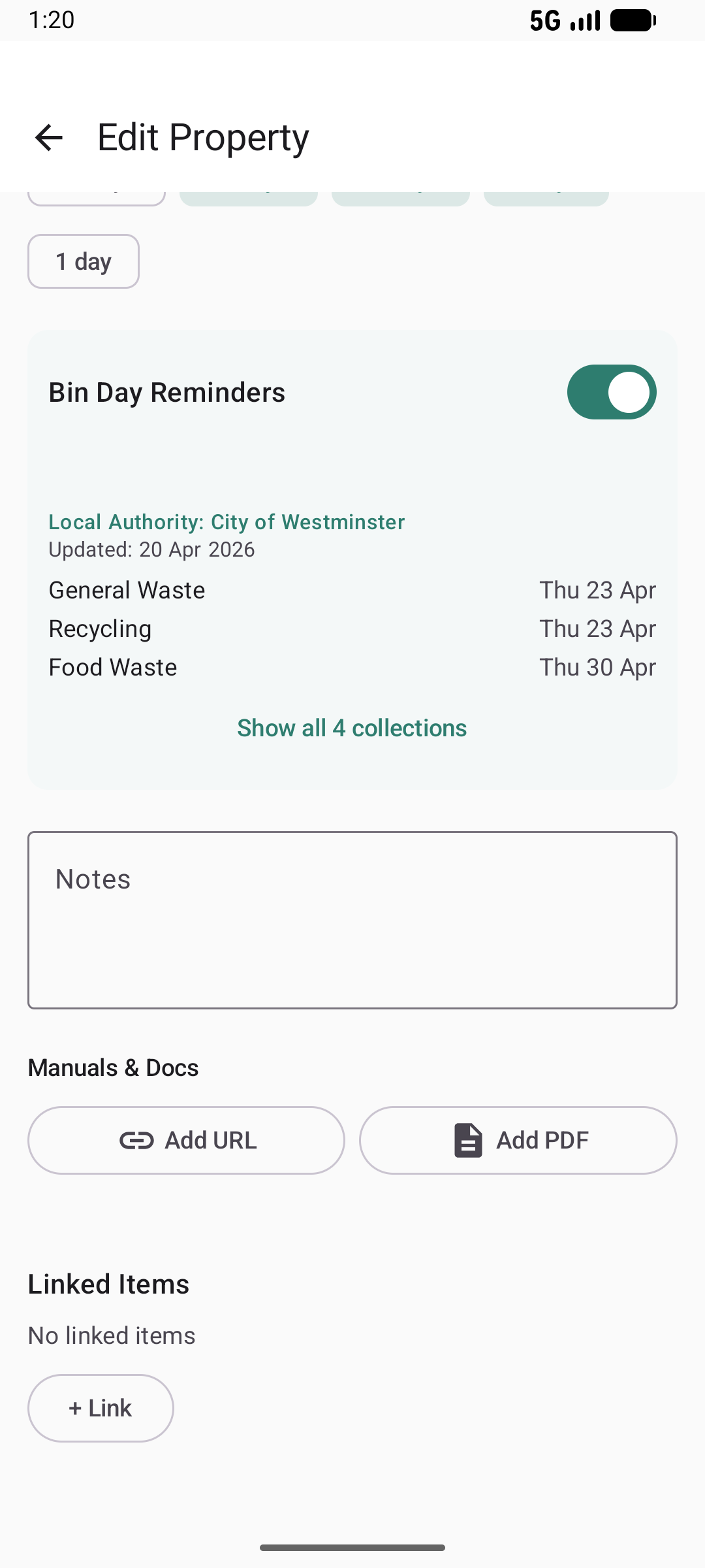 Bin day reminders in light mode with upcoming collection dates
