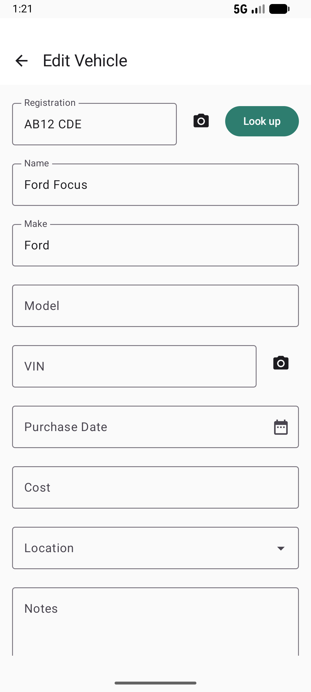 Vehicle edit screen top in light mode with registration and make