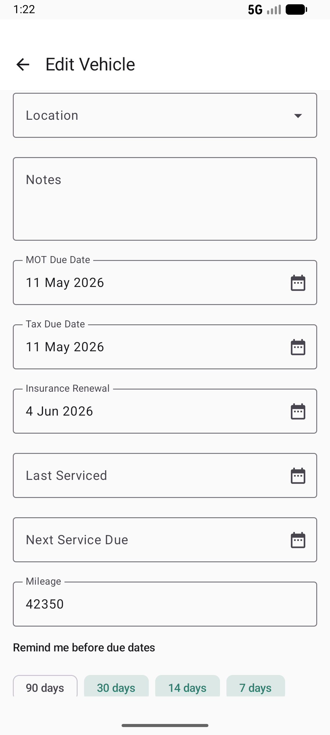 Vehicle MOT, tax, and insurance dates in light mode