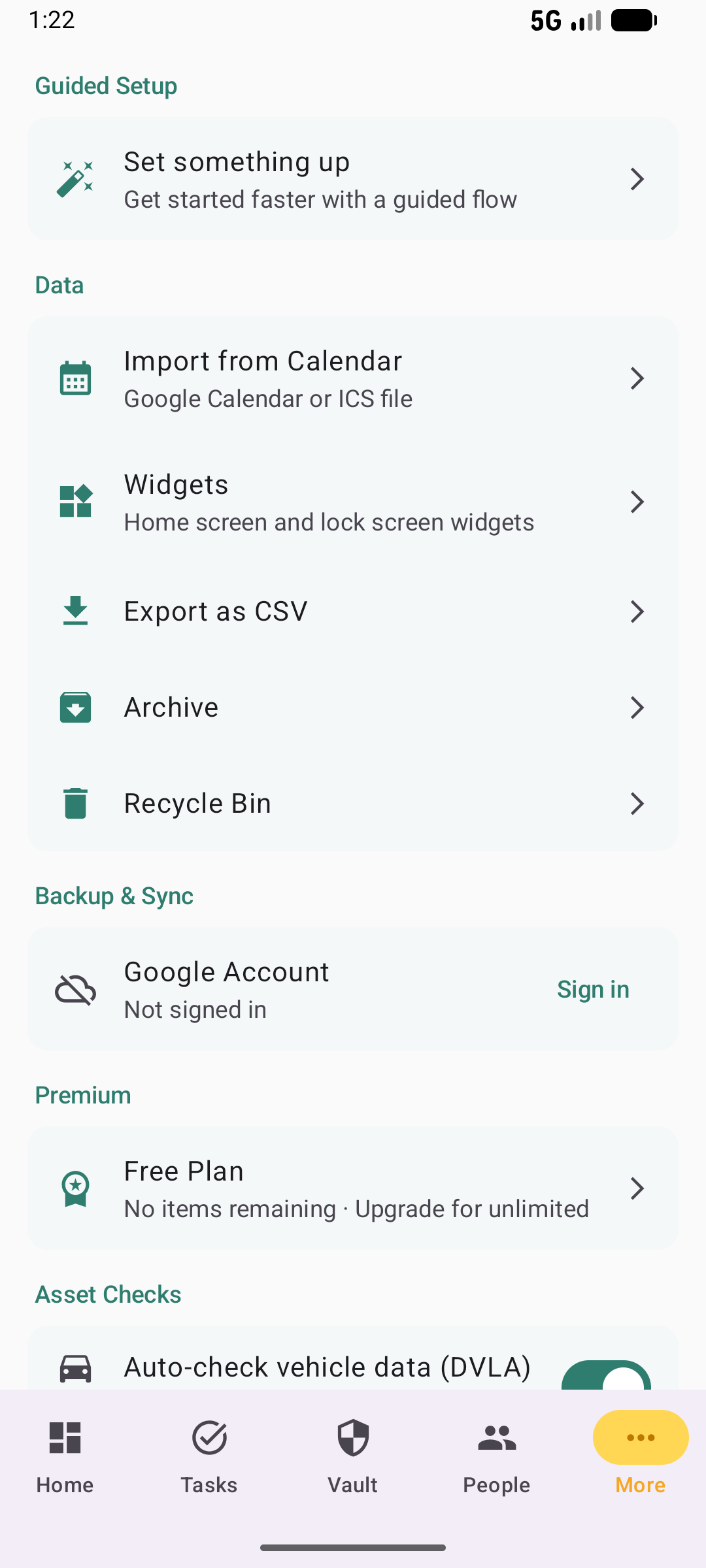 More menu in light mode with data, backup, and premium options
