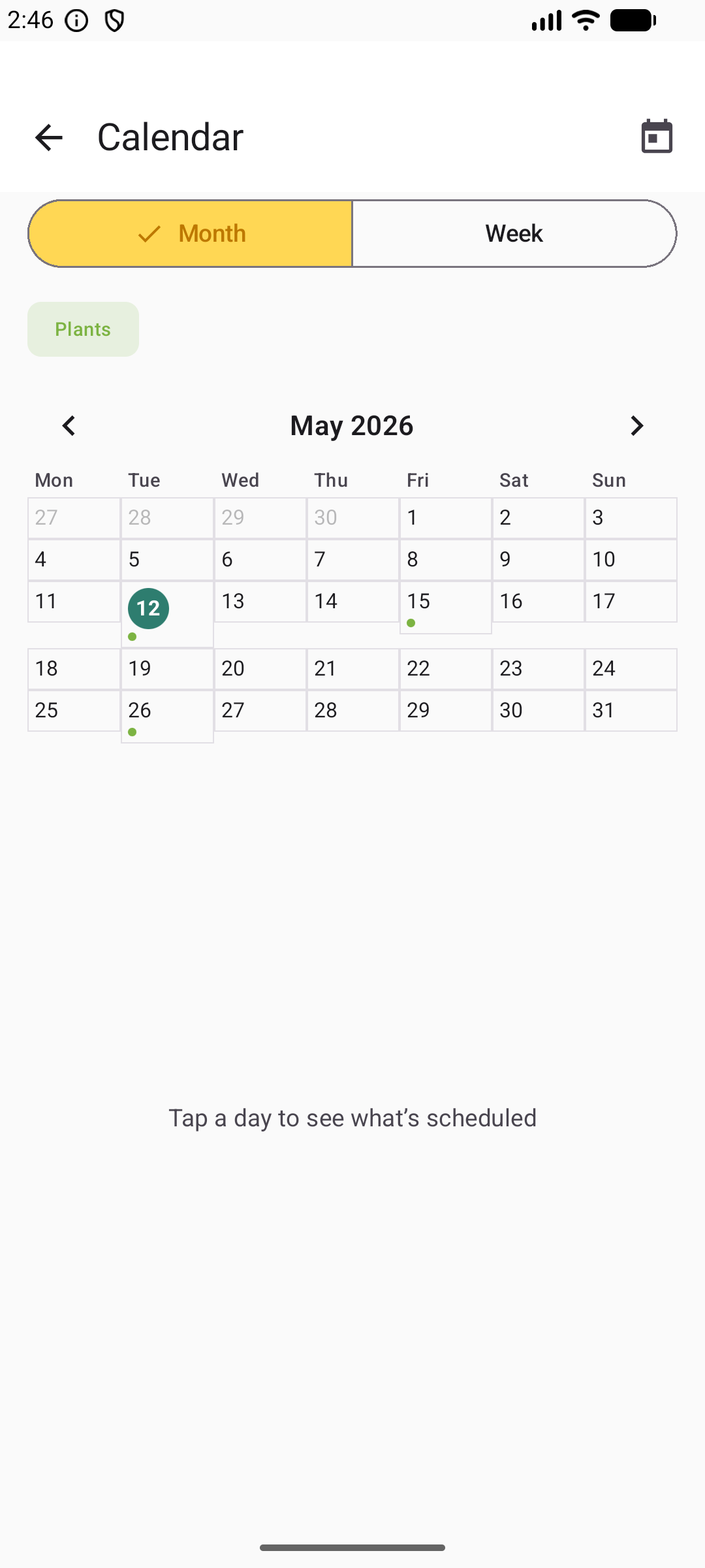 Calendar in light mode showing May 2026 month view with a Plants filter