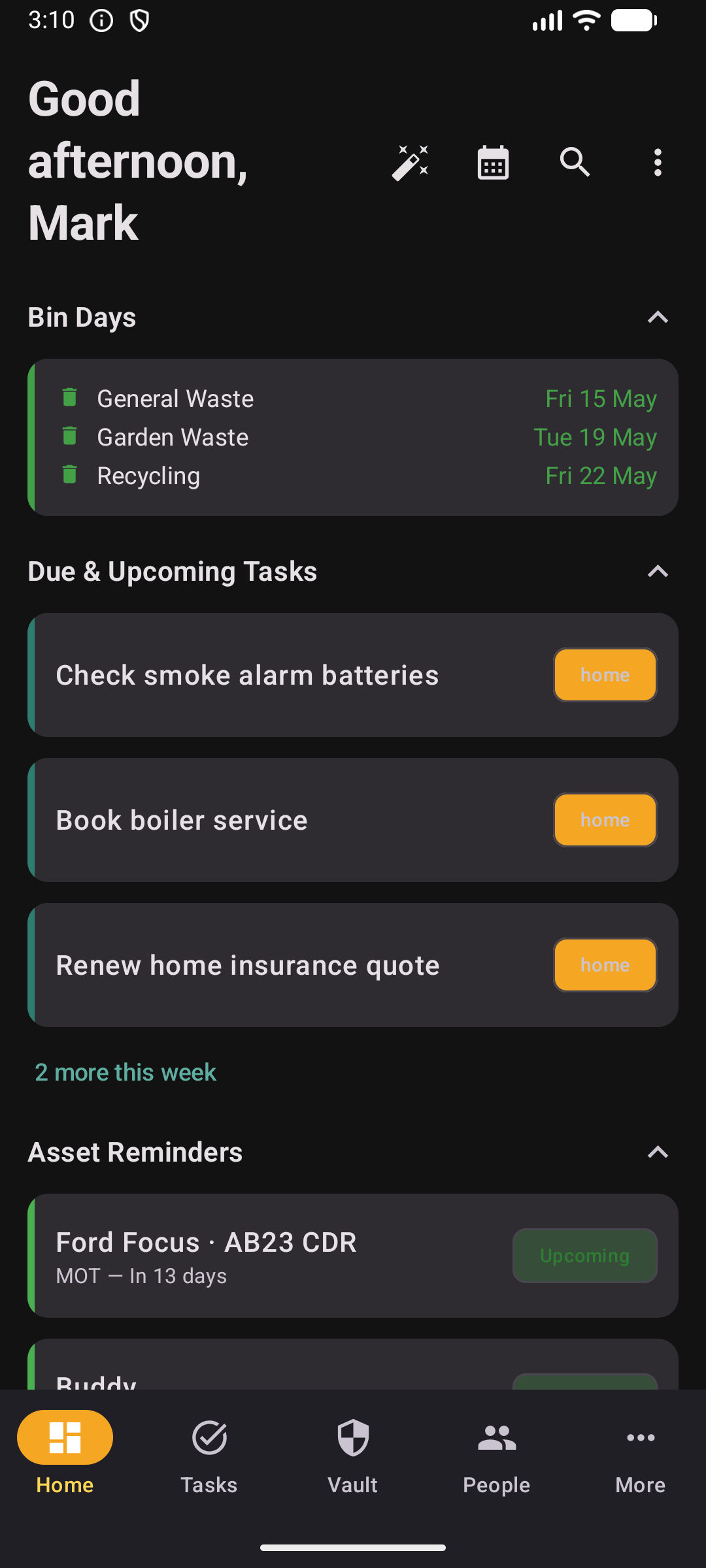 Dashboard in dark mode showing overdue tasks, plant care, and weather alerts