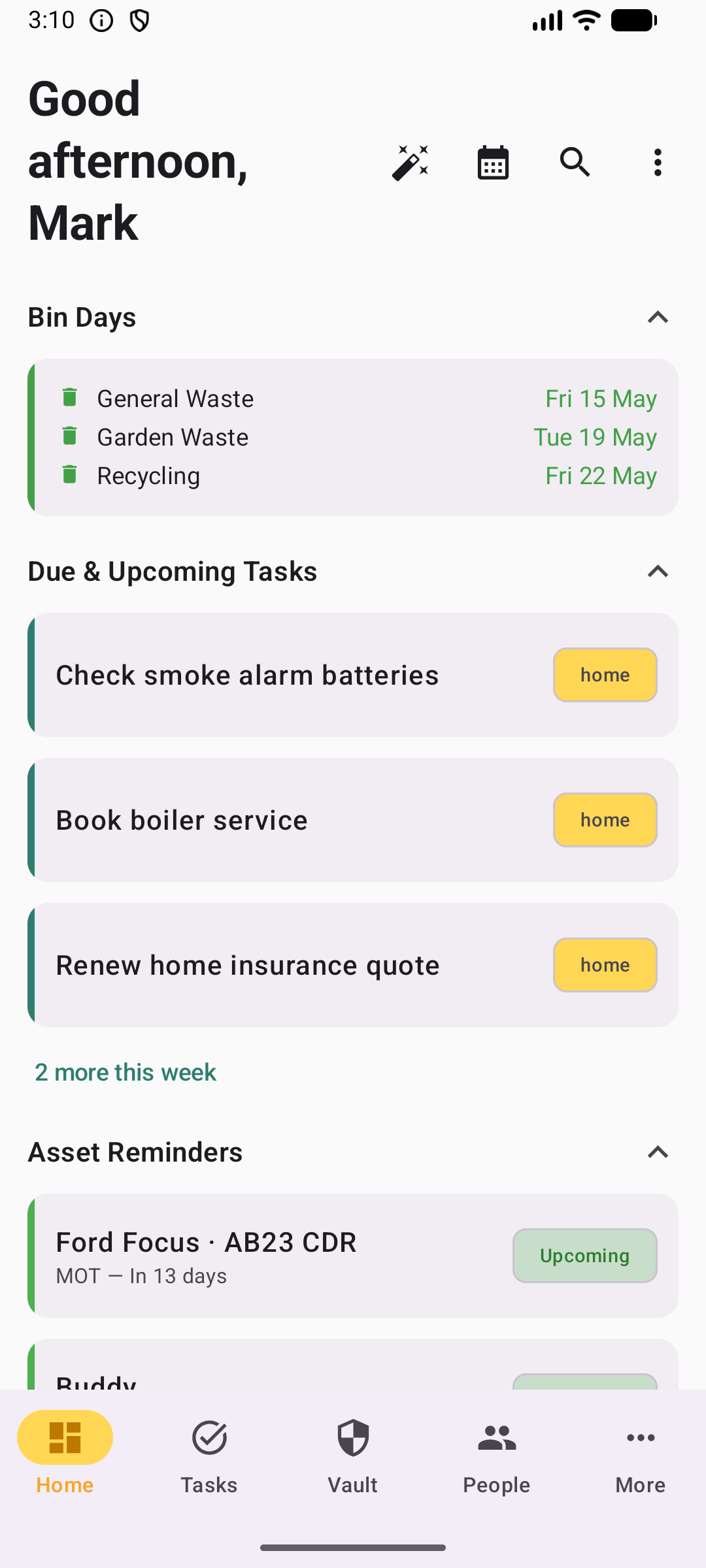 Dashboard in light mode showing overdue tasks, plant care, and weather alerts