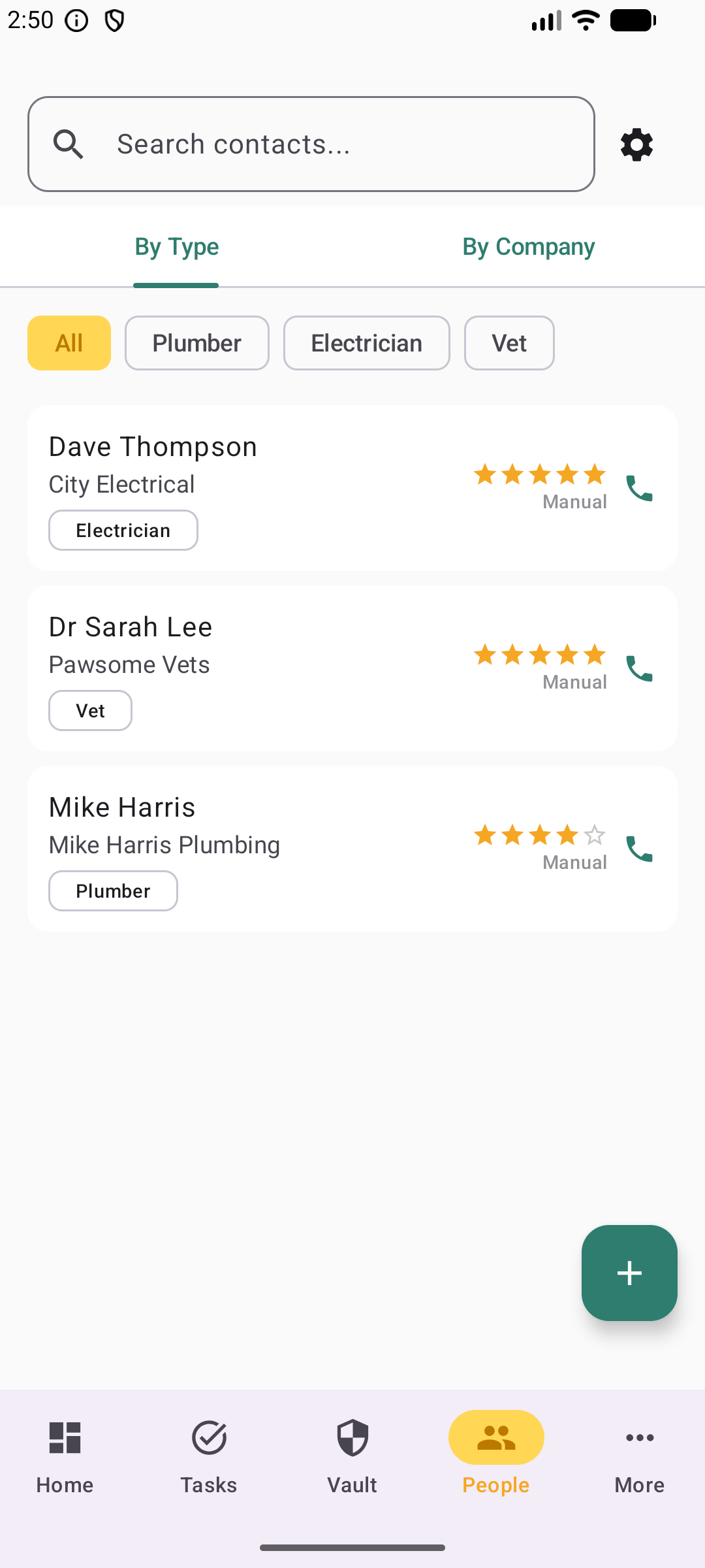 People screen in light mode with contacts filtered by type showing electrician, vet, and plumber
