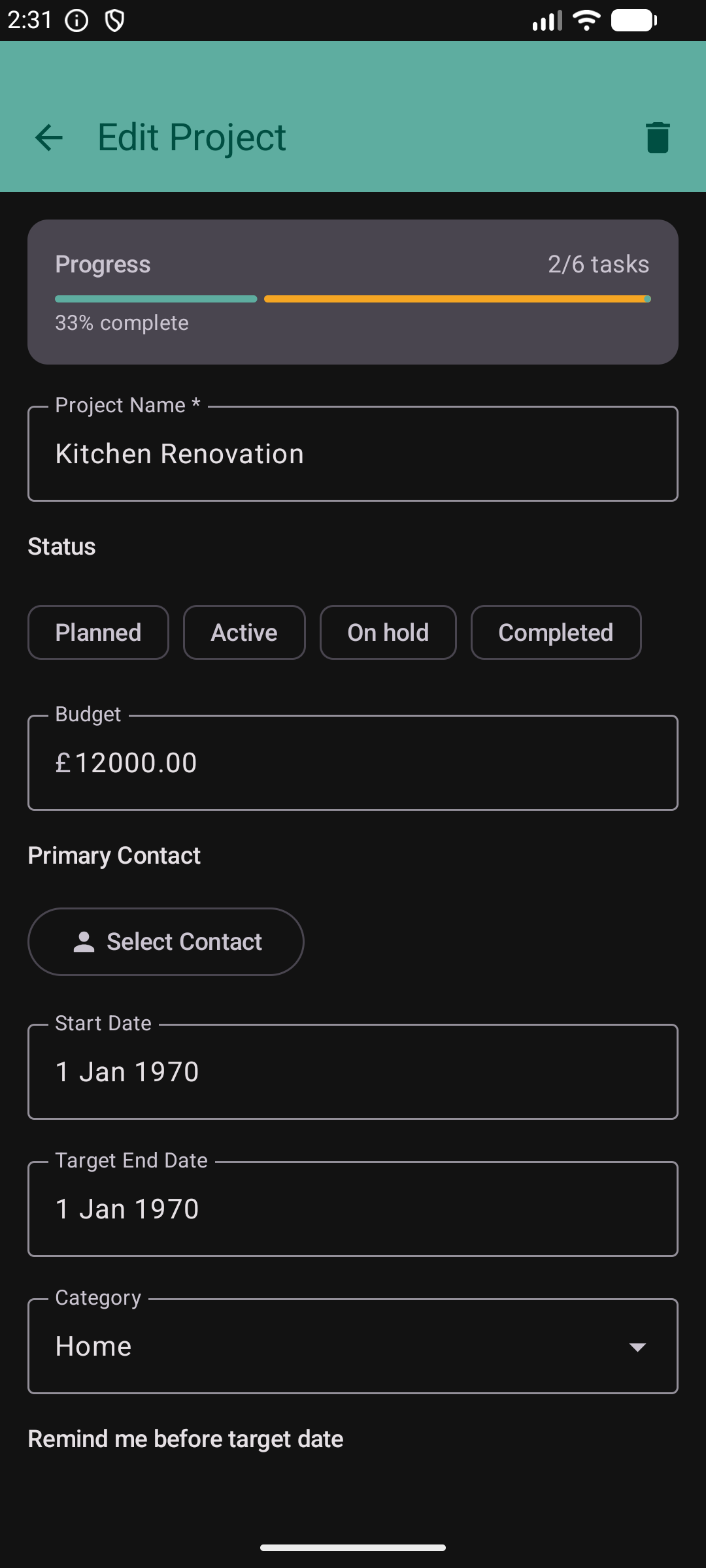 Project edit screen in dark mode showing progress bar and project details