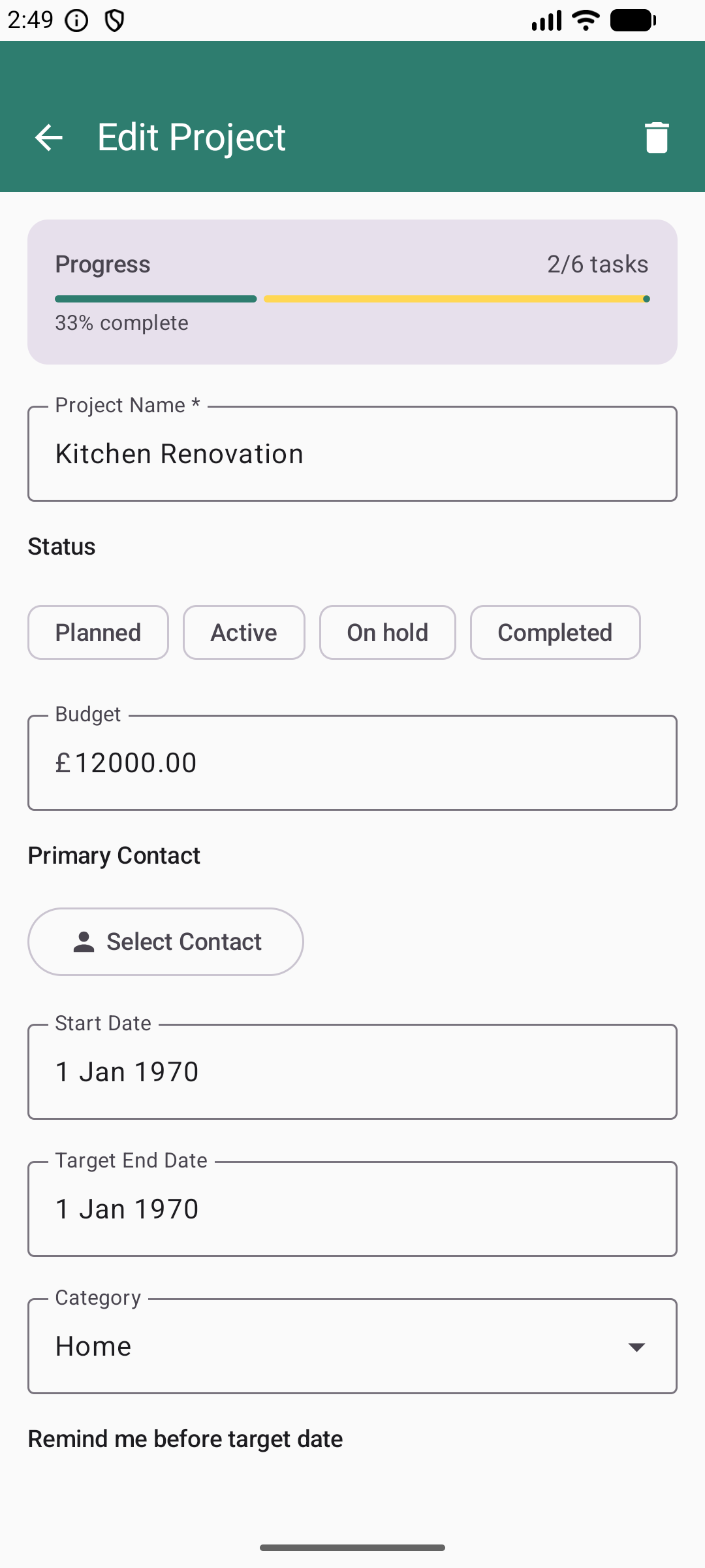 Project edit screen in light mode showing 33% progress bar, Kitchen Renovation, and £12,000 budget