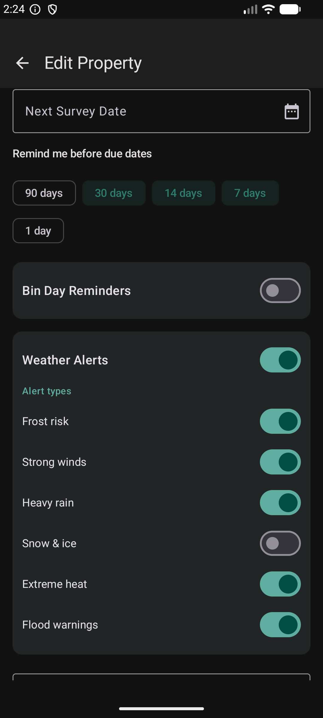 Weather alerts settings in dark mode with toggles for frost, wind, rain, snow, heat, and floods