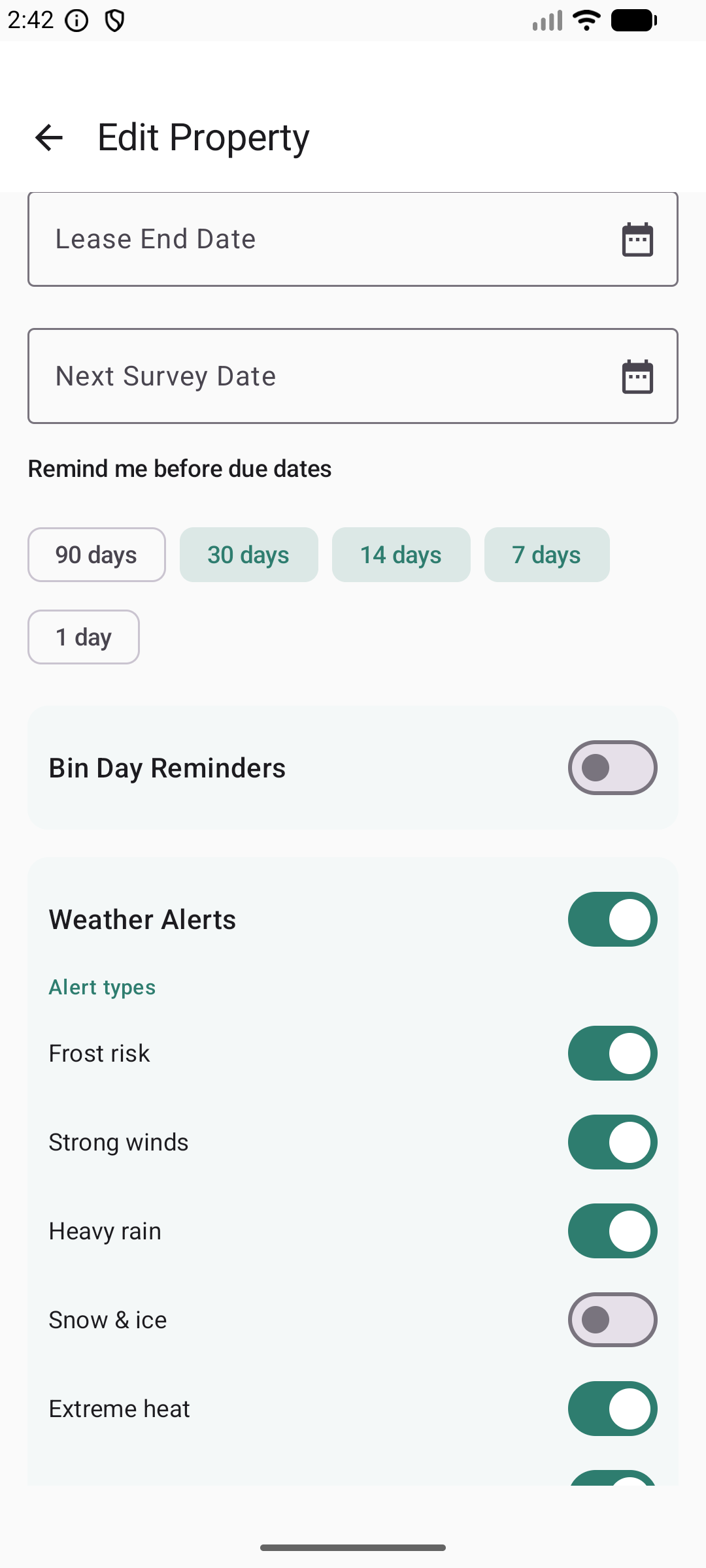 Weather alerts settings in light mode with toggles for frost, wind, rain, snow, heat, and floods