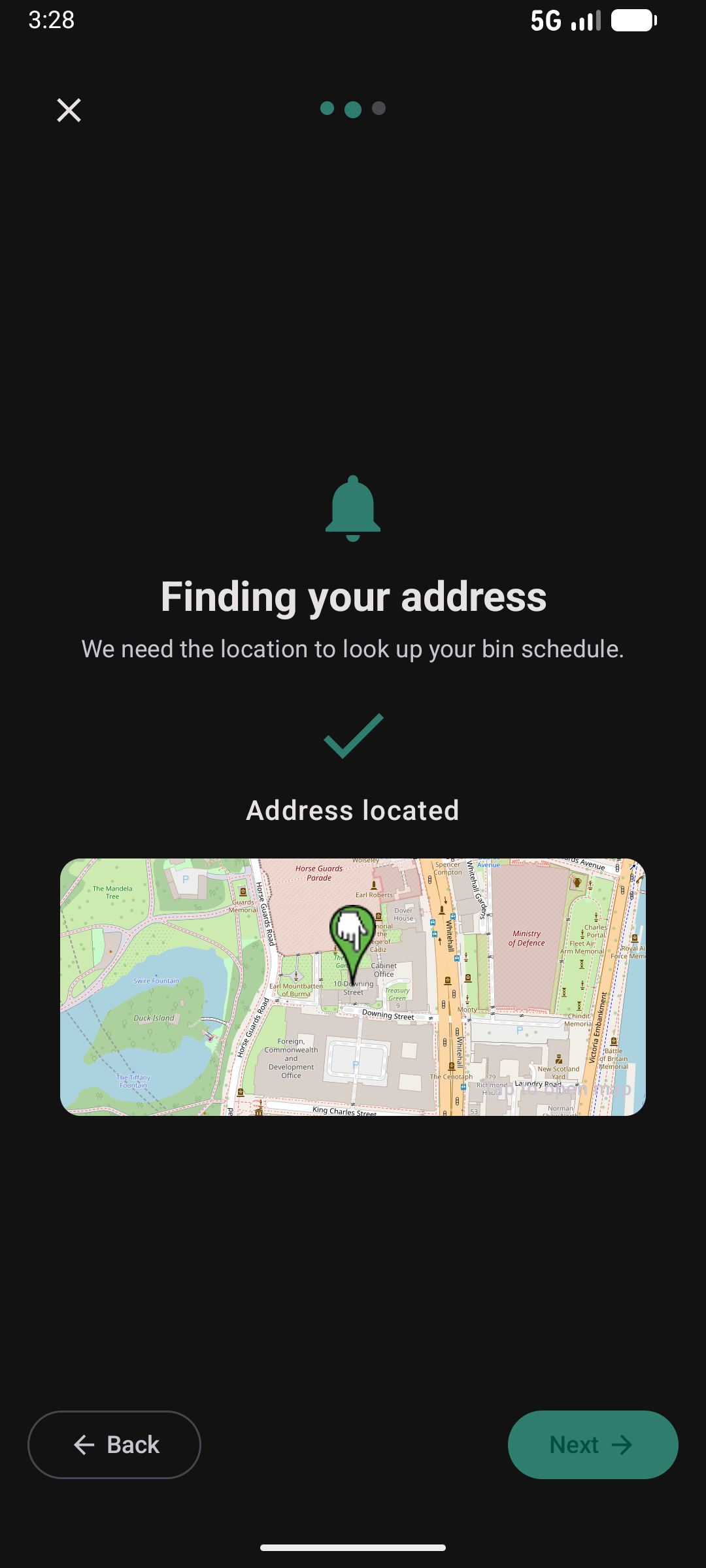 Bin wizard step 2 — address located on map