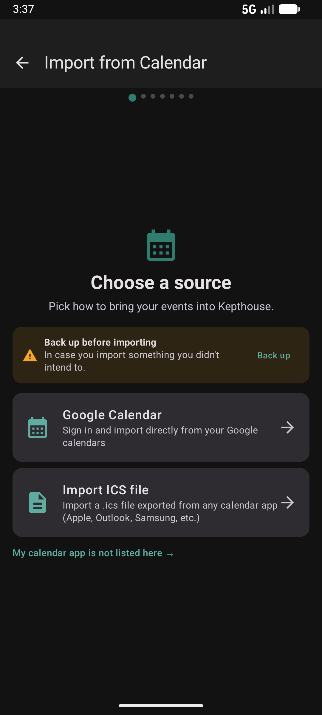 Calendar import step 1 — choose a source