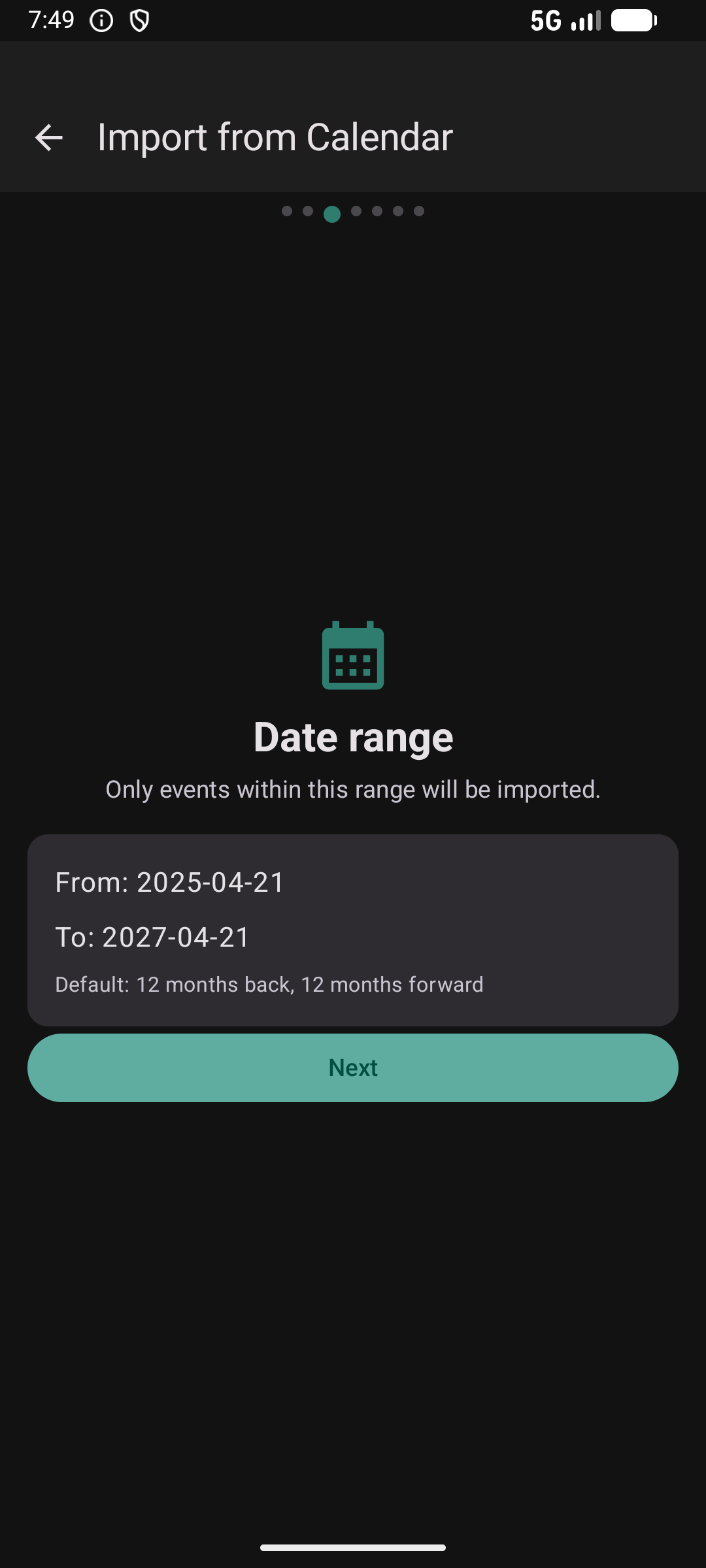 Calendar import step 2 — date range selection