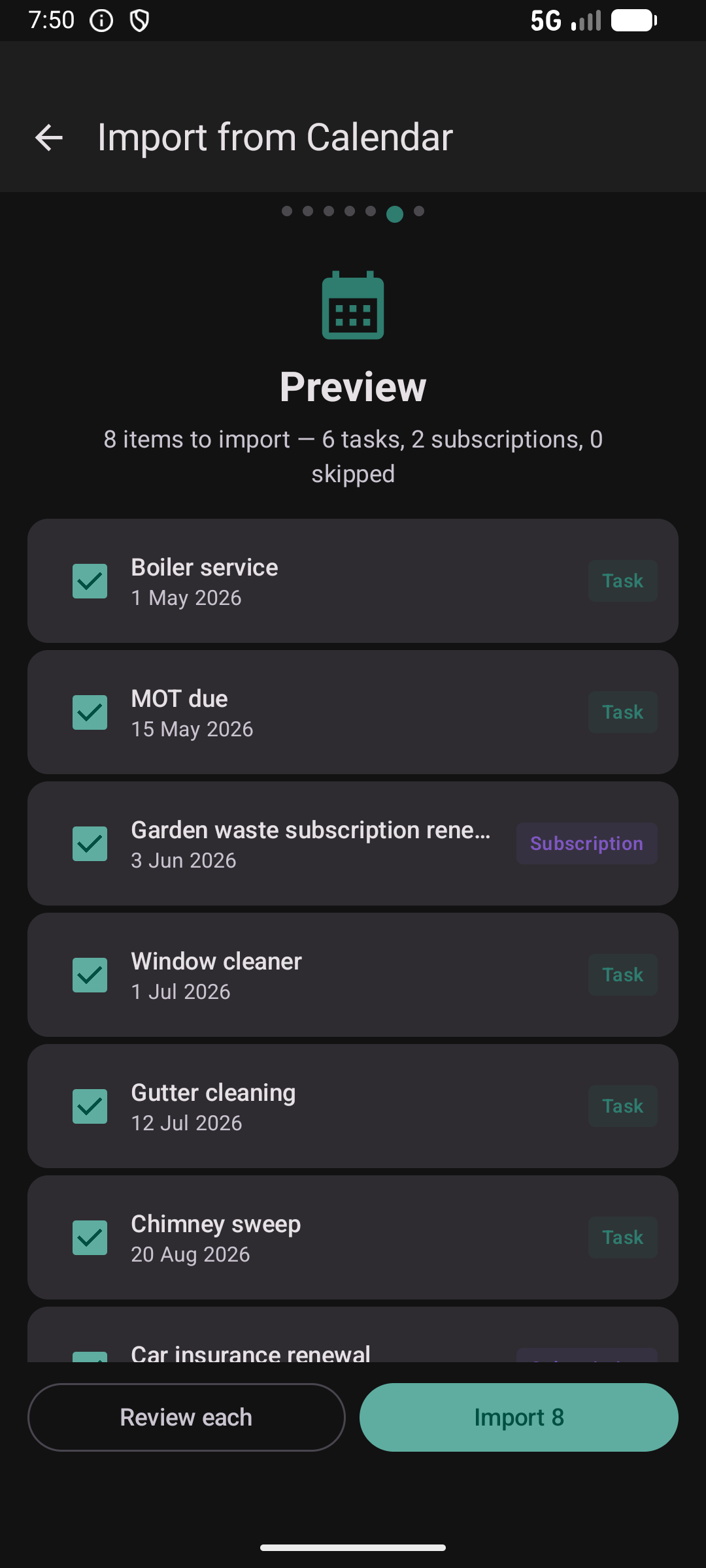 Calendar import step 3 — preview of events ready to import