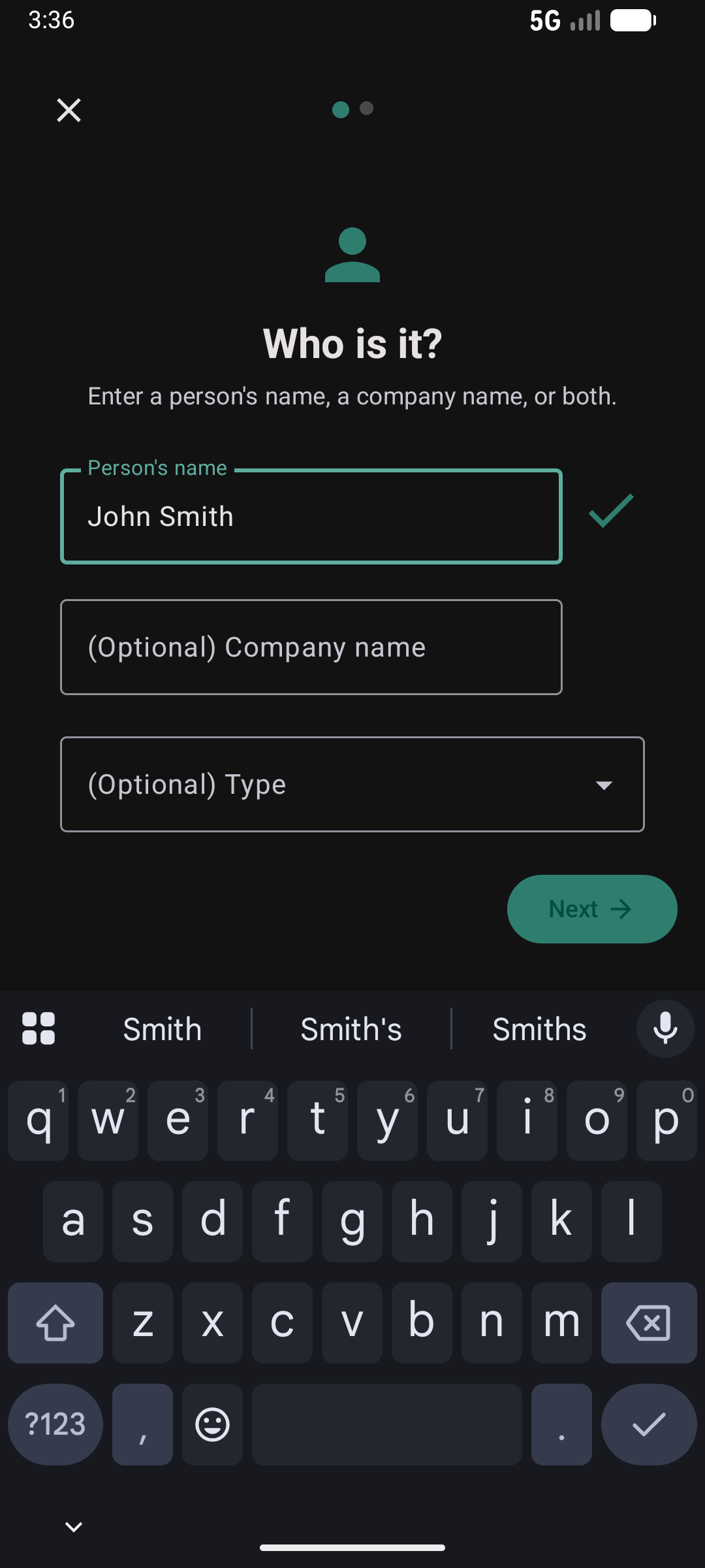Contact wizard step 1 — who is it