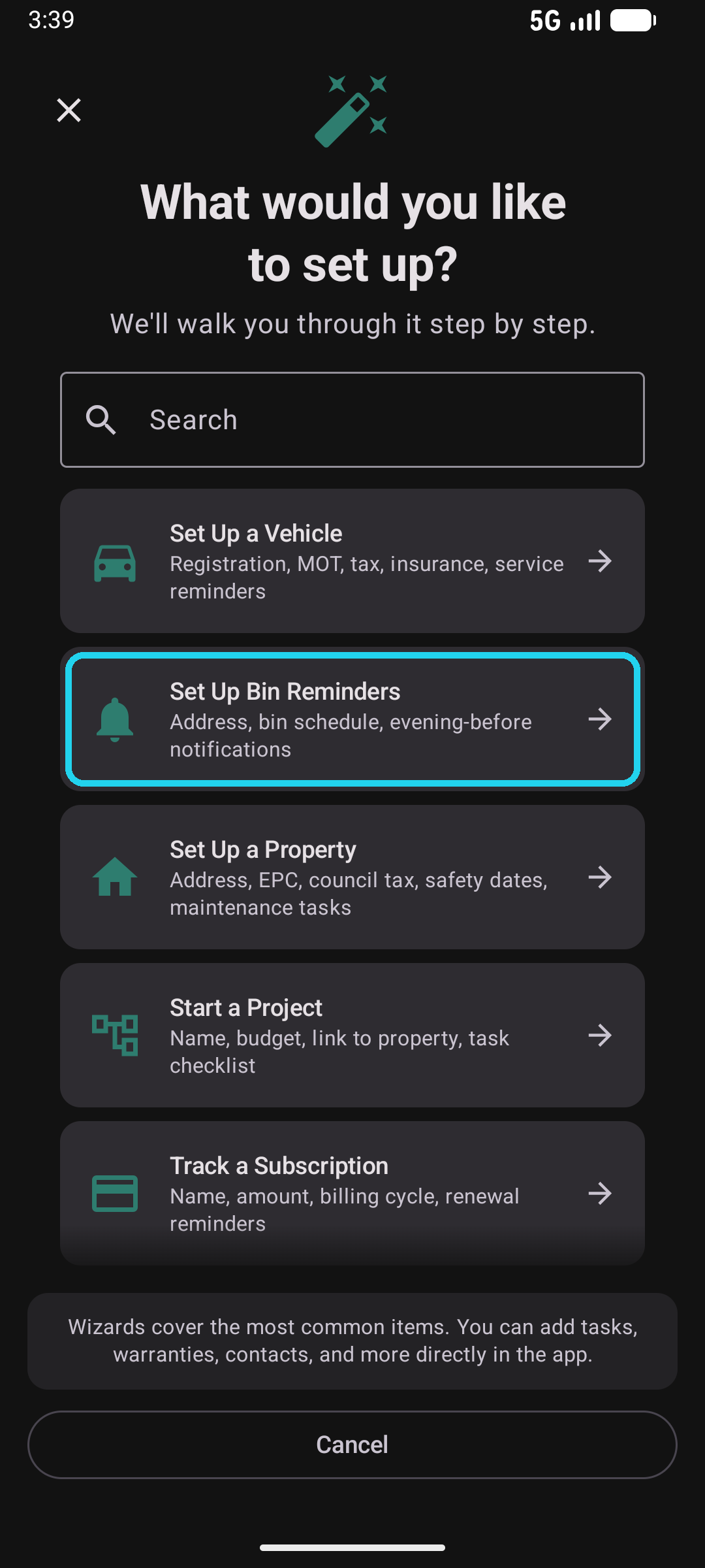 Wizard picker with the Set Up Bin Reminders tile highlighted