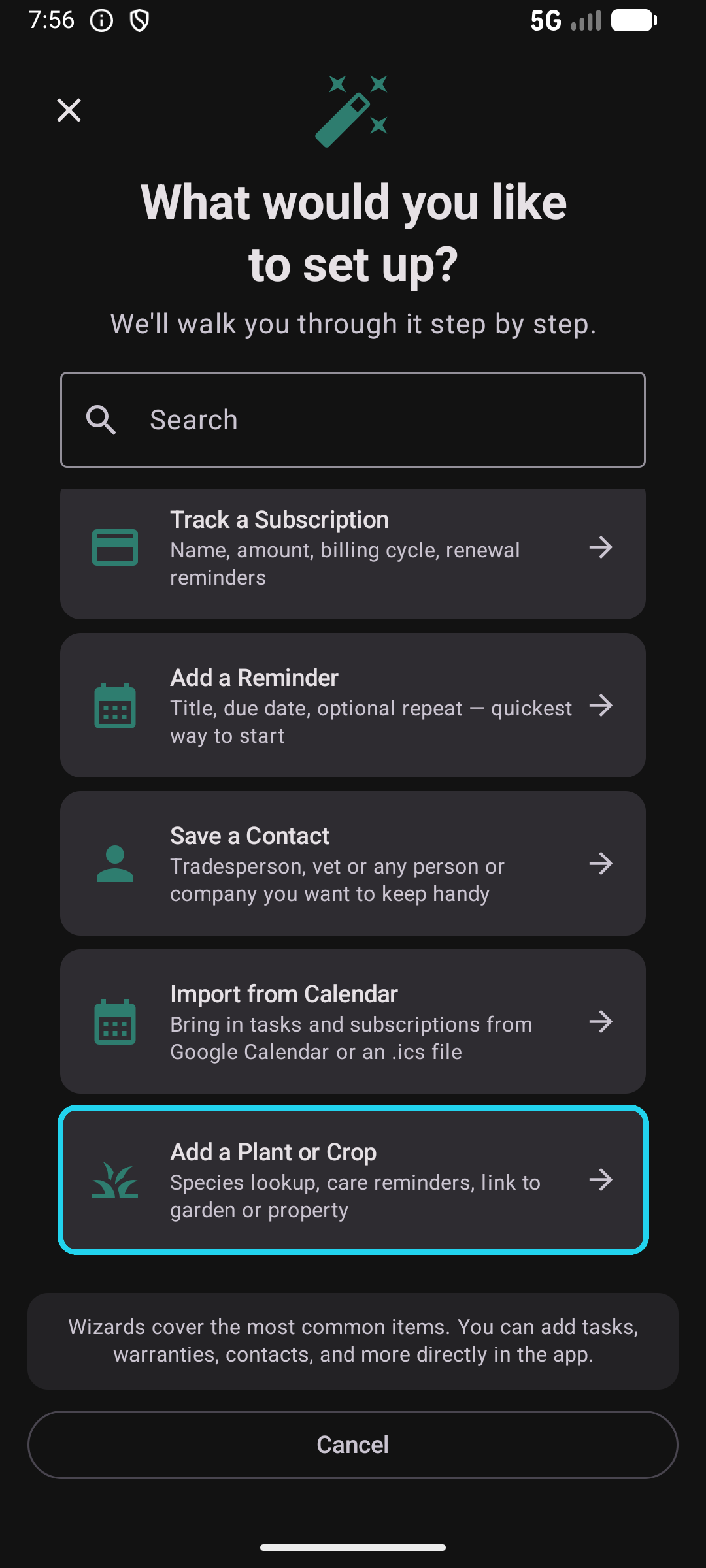 Wizard picker with the Add a Plant tile highlighted