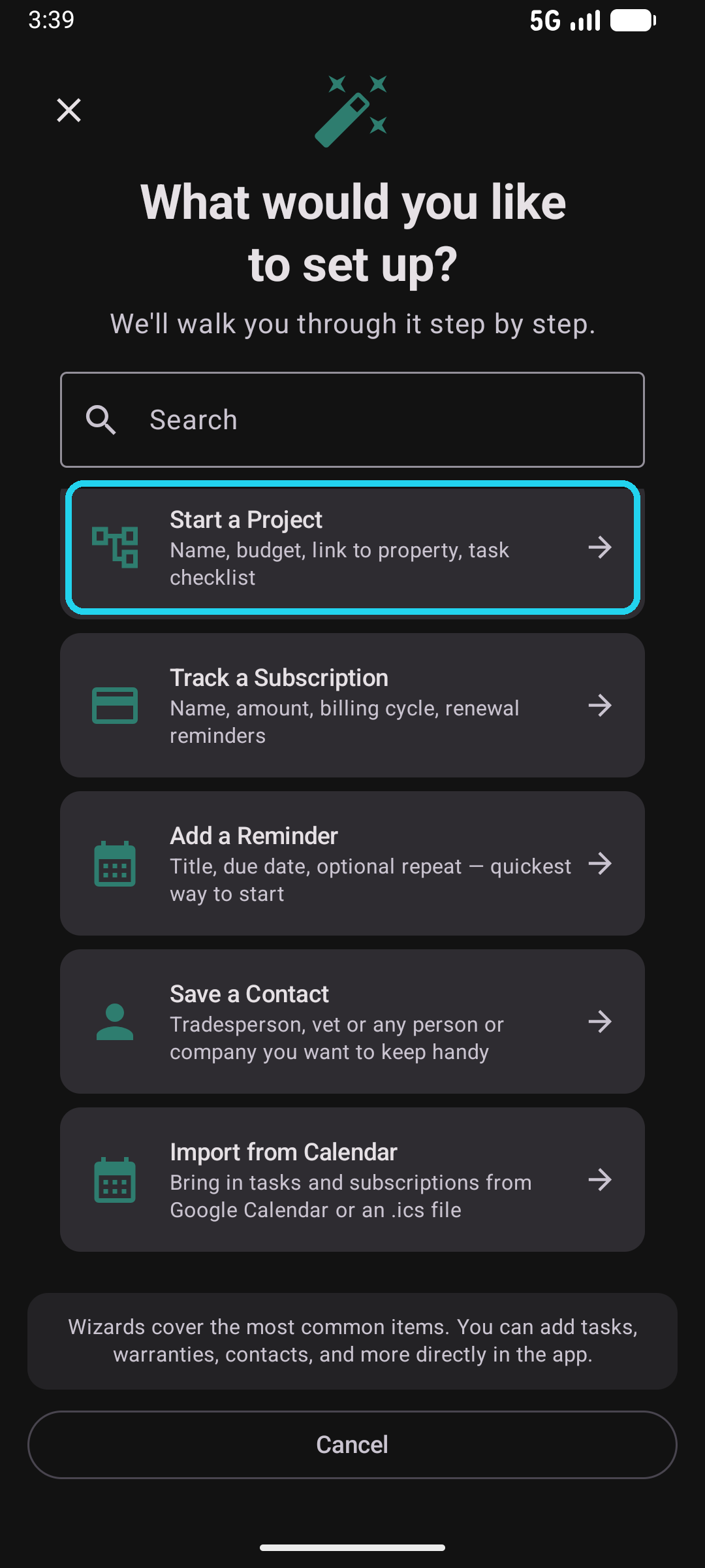 Wizard picker with the Start a Project tile highlighted