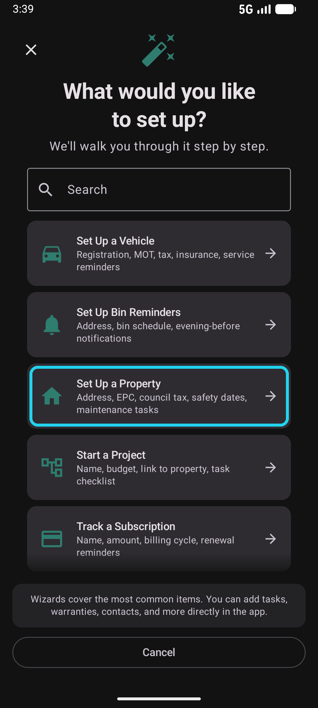 Wizard picker with the Set Up a Property tile highlighted