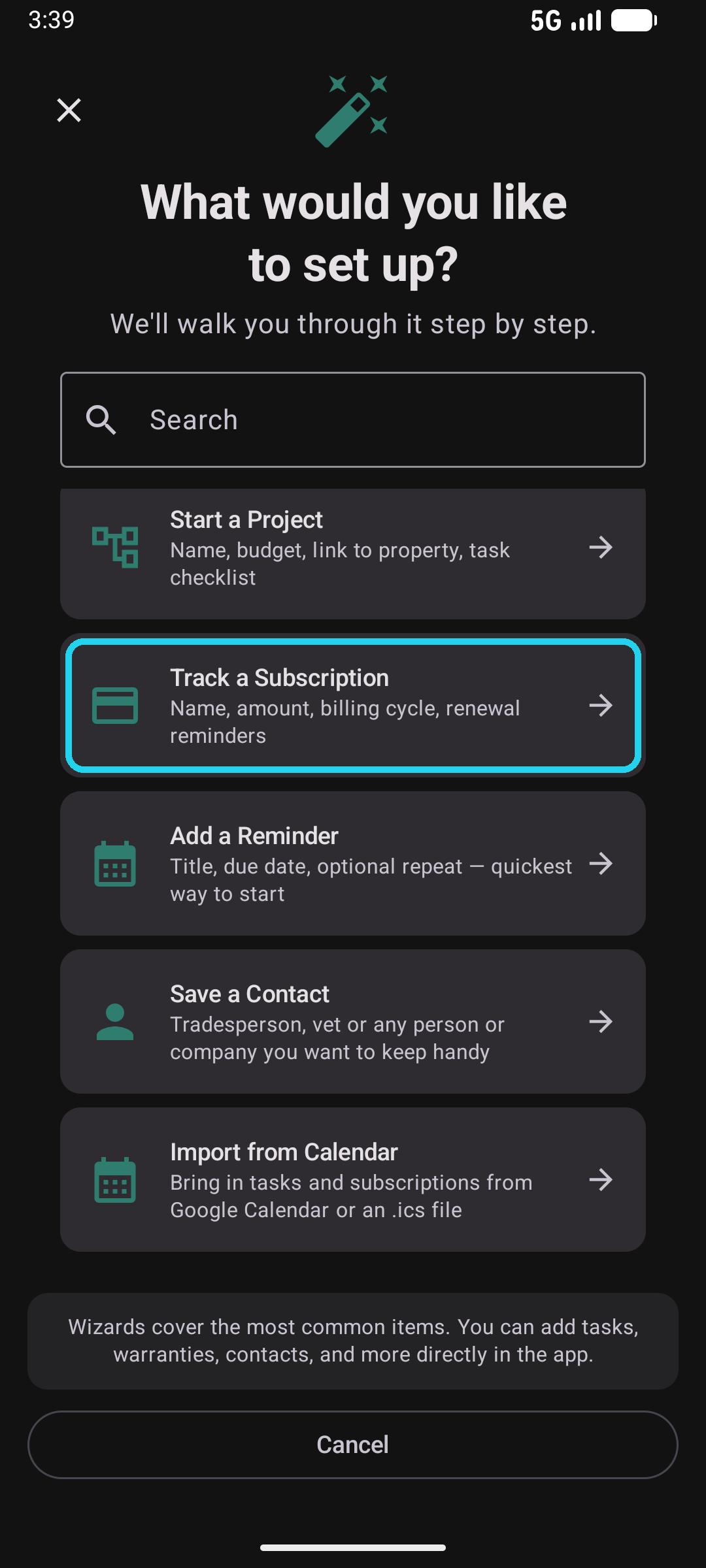 Wizard picker with the Track a Subscription tile highlighted