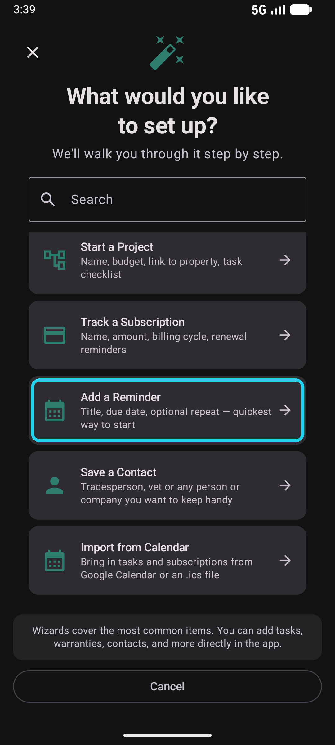 Wizard picker with the Add a Reminder tile highlighted