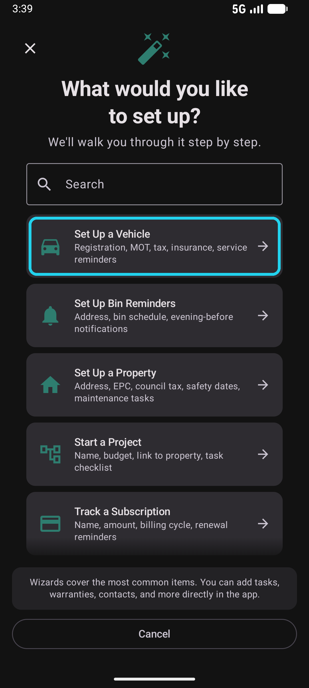 Wizard picker with the Set Up a Vehicle tile highlighted