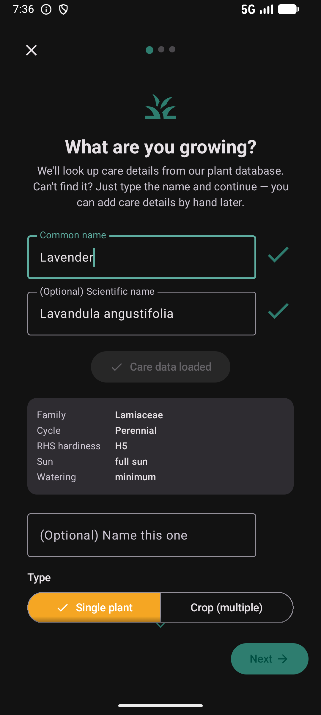 Plant wizard step 1 &mdash; species lookup with Lavender care data loaded