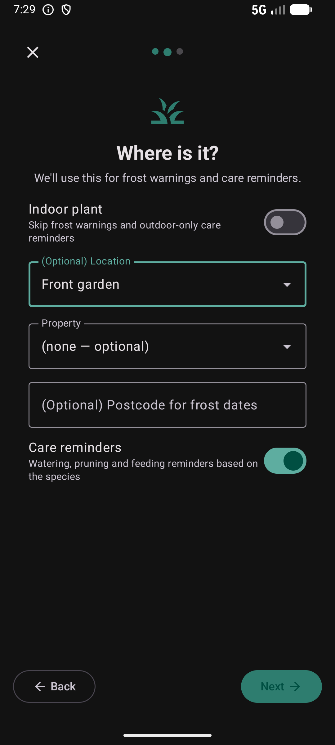 Plant wizard step 2 &mdash; placement with location and care reminders
