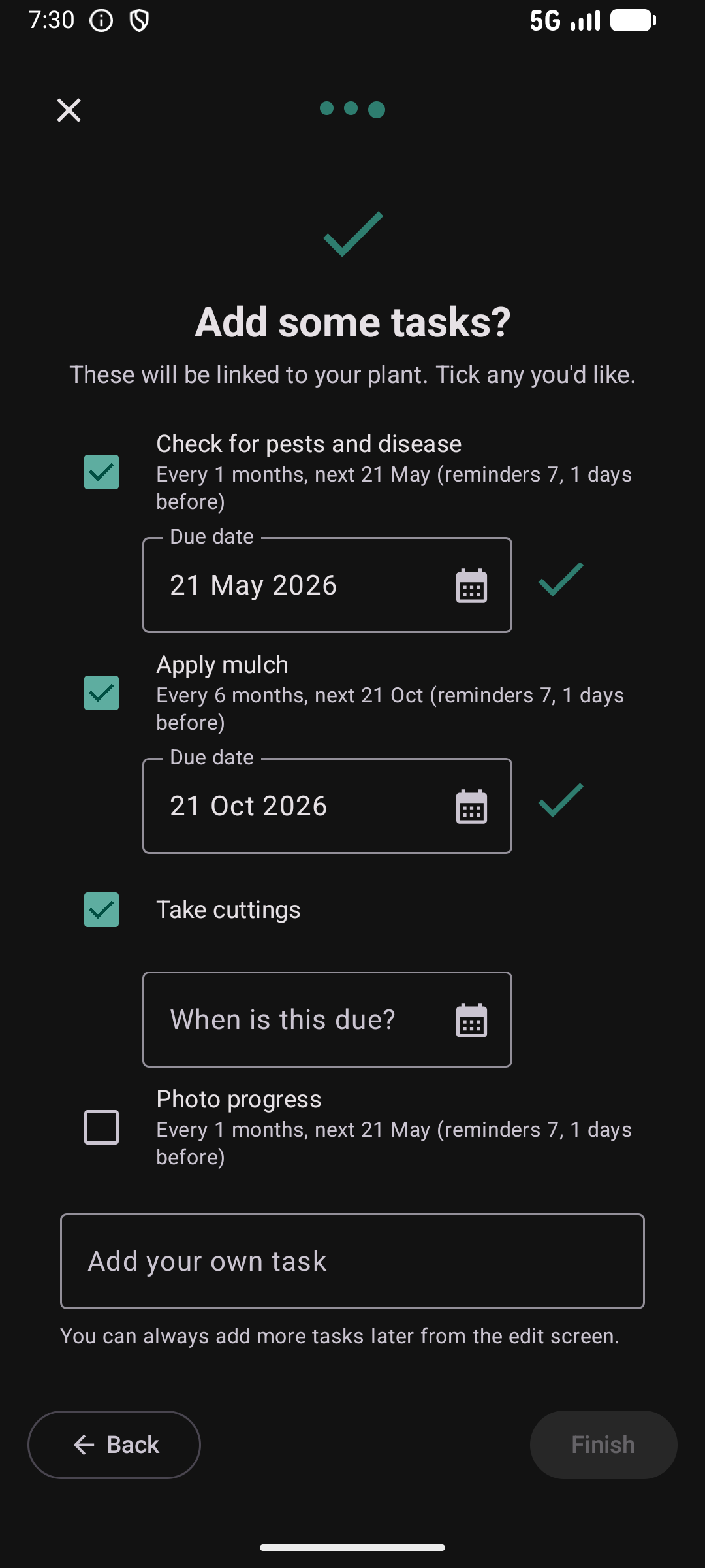 Plant wizard step 3 &mdash; suggested tasks ticked and scheduled