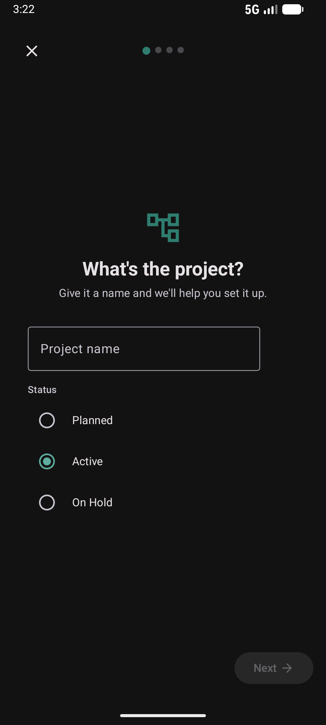 Project wizard step 1 — name and type